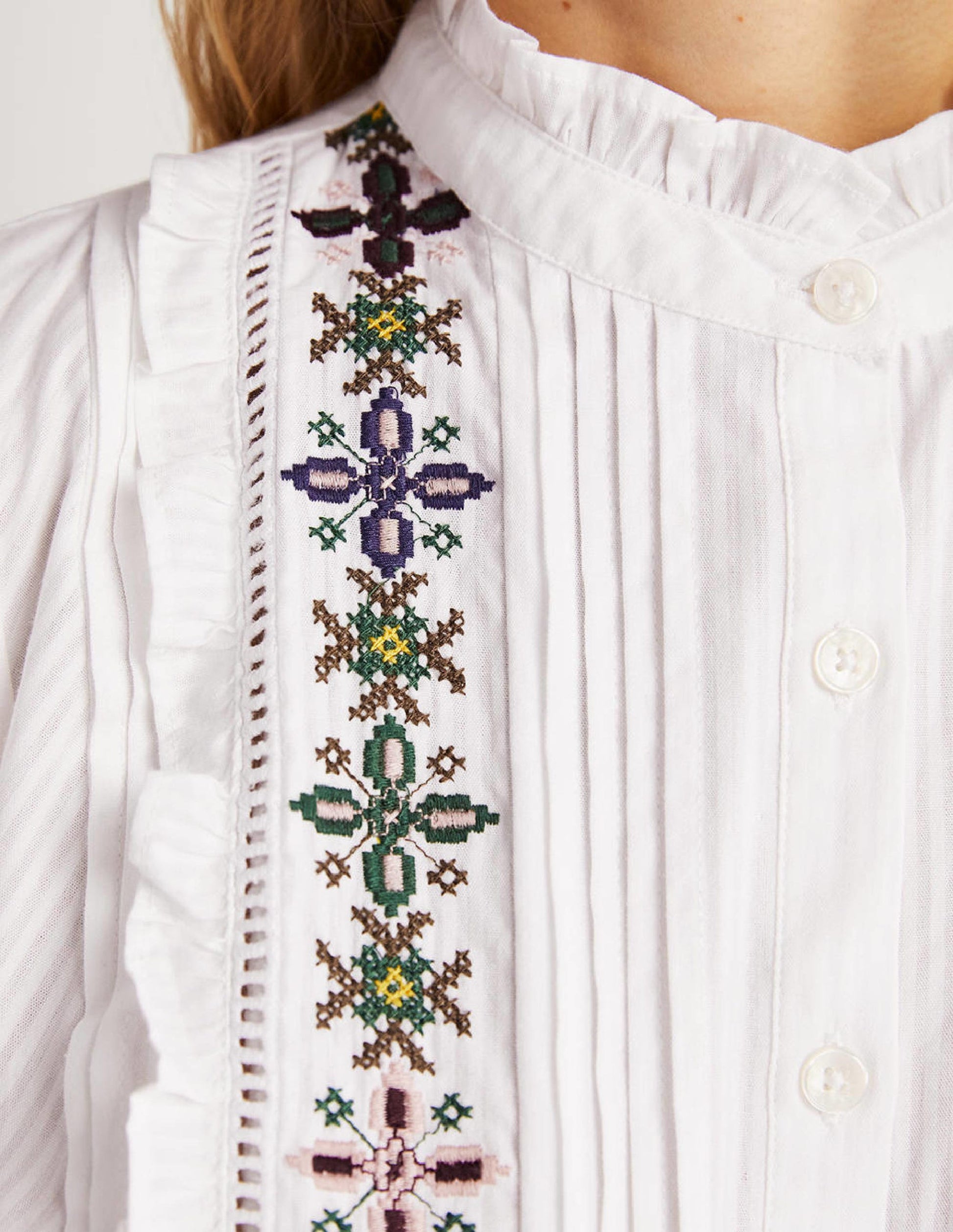 Embroidered High Neck Shirt-White-2