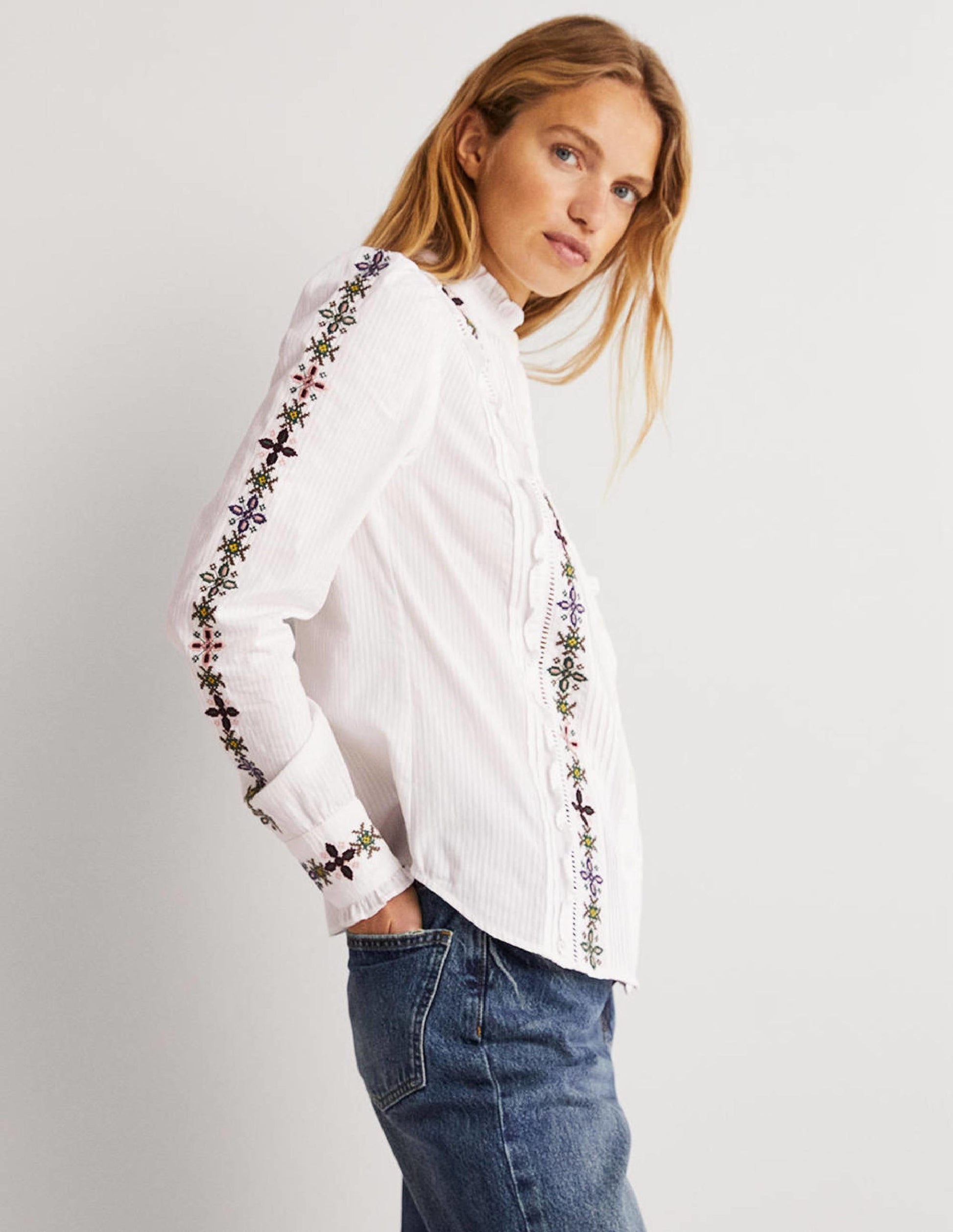 Embroidered High Neck Shirt-White-4