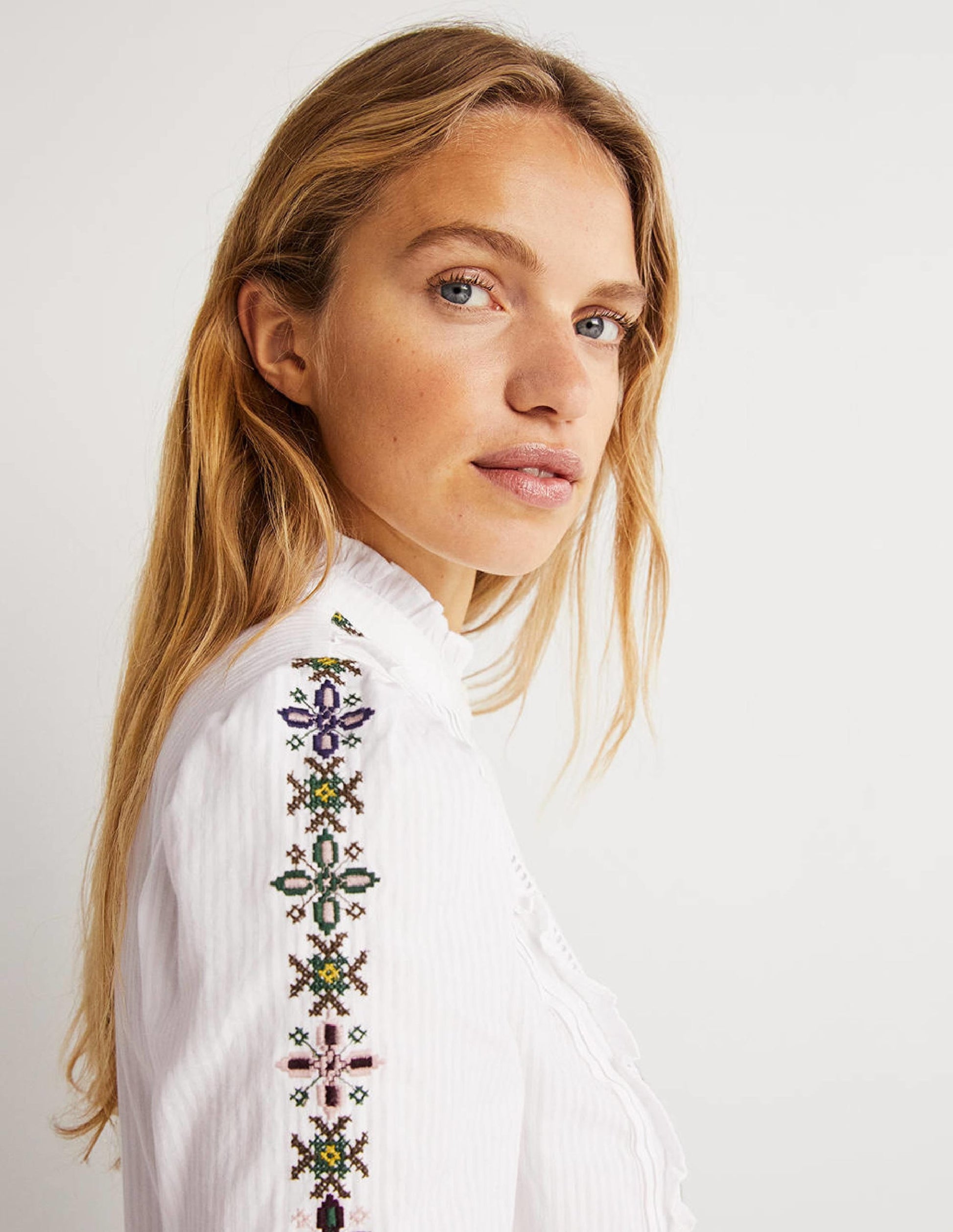 Embroidered High Neck Shirt-White-5