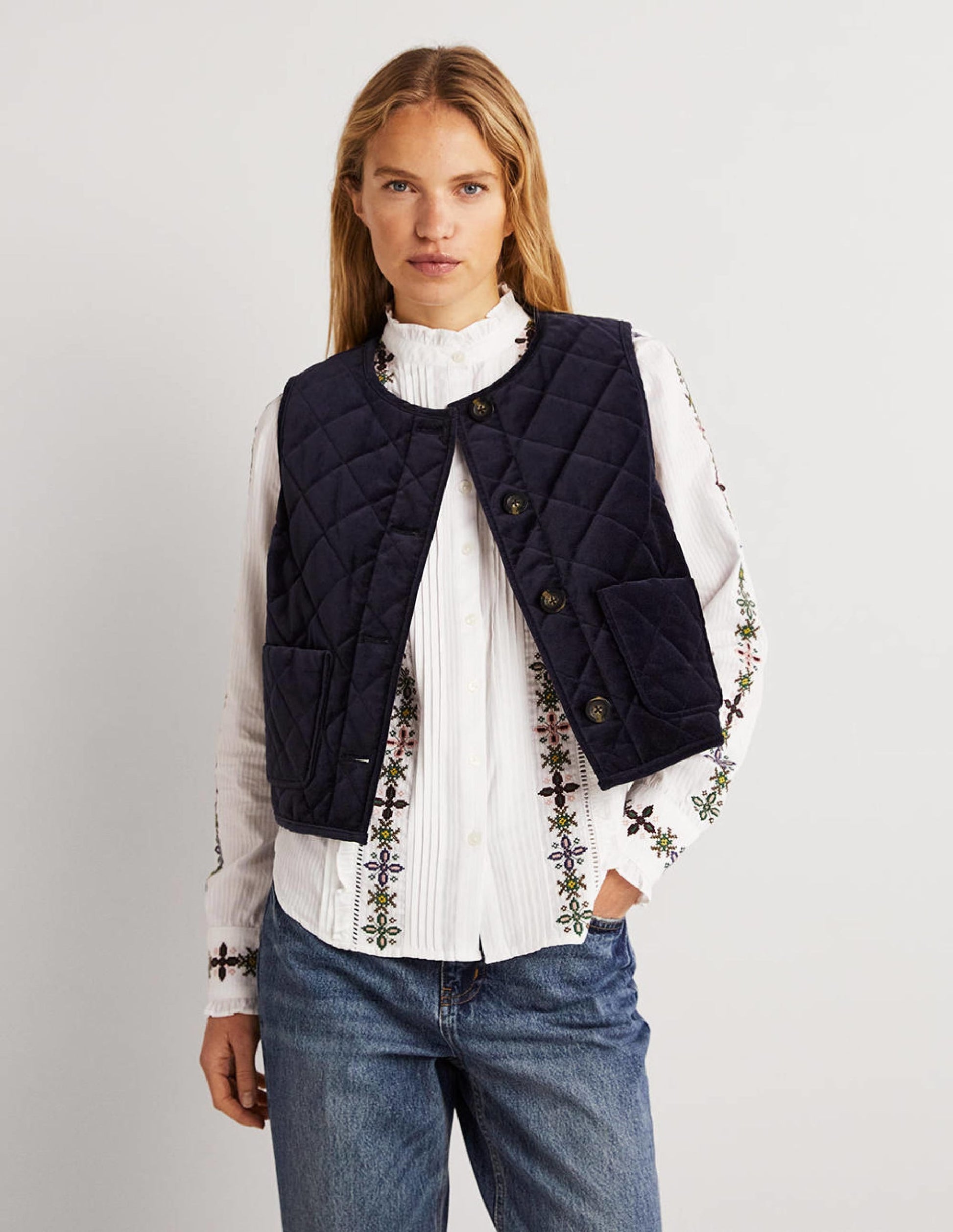 Embroidered High Neck Shirt-White-6
