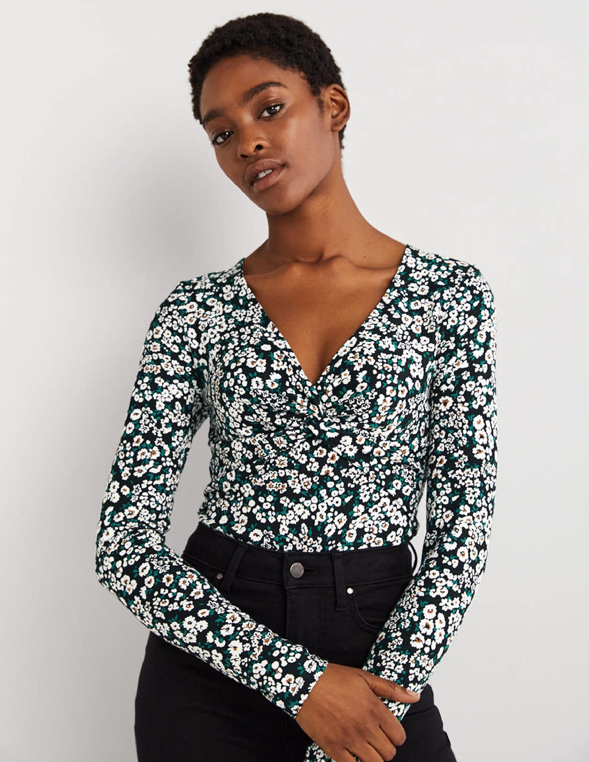 Ponte Twist Front Jersey Top-Black, Heart Bloom-1