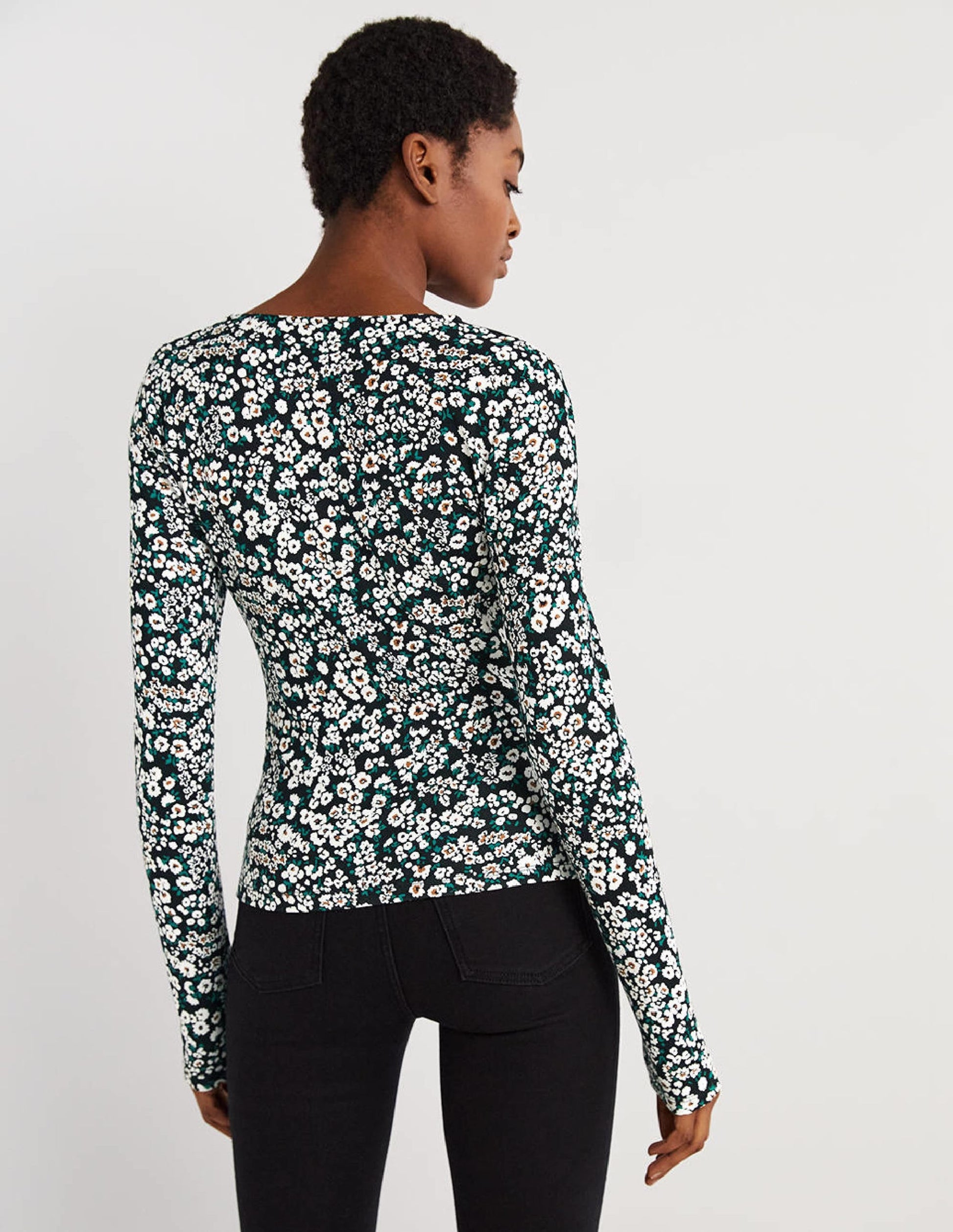 Ponte Twist Front Jersey Top-Black, Heart Bloom-3