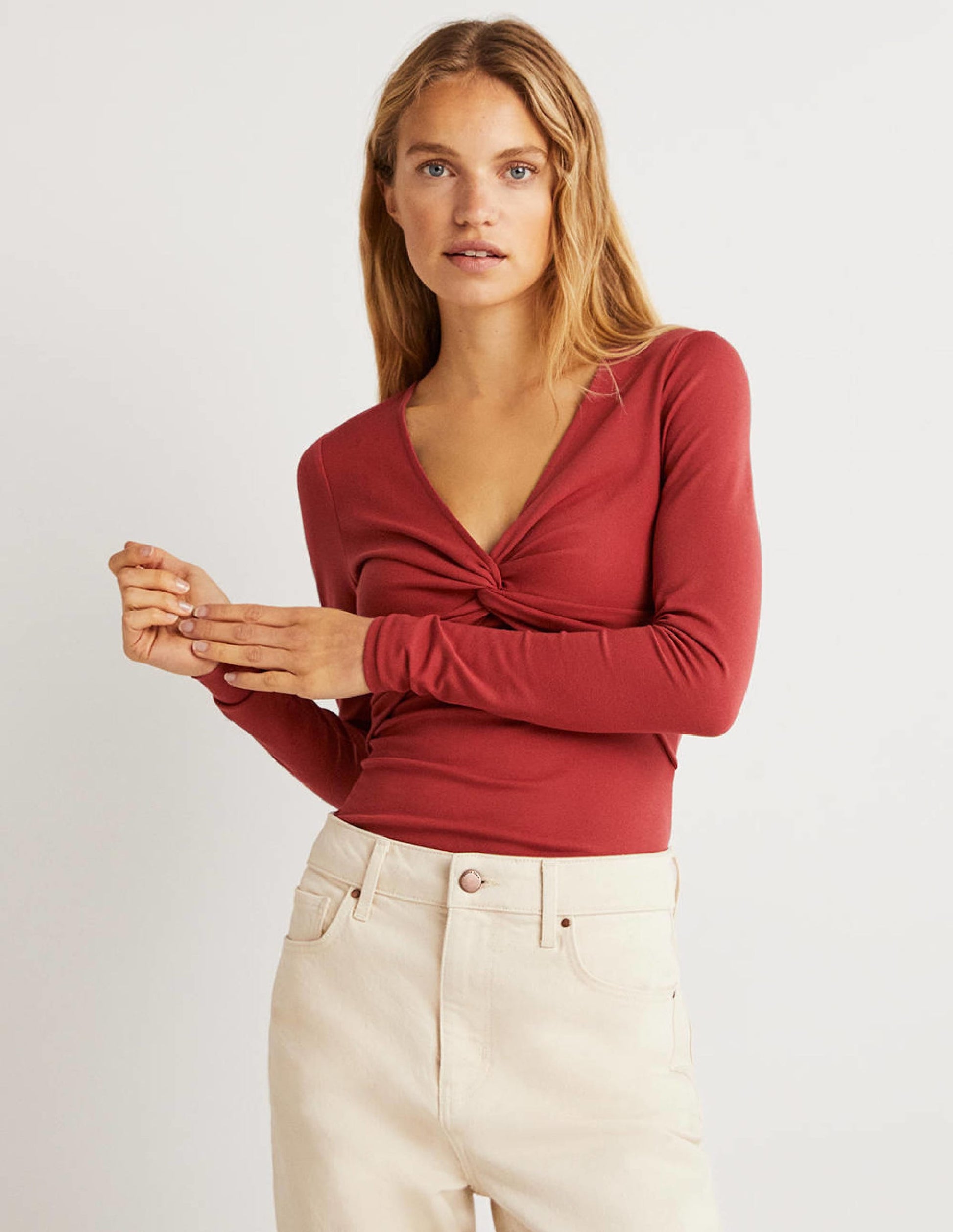 Ponte Twist Front Jersey Top-Chili Oil-1