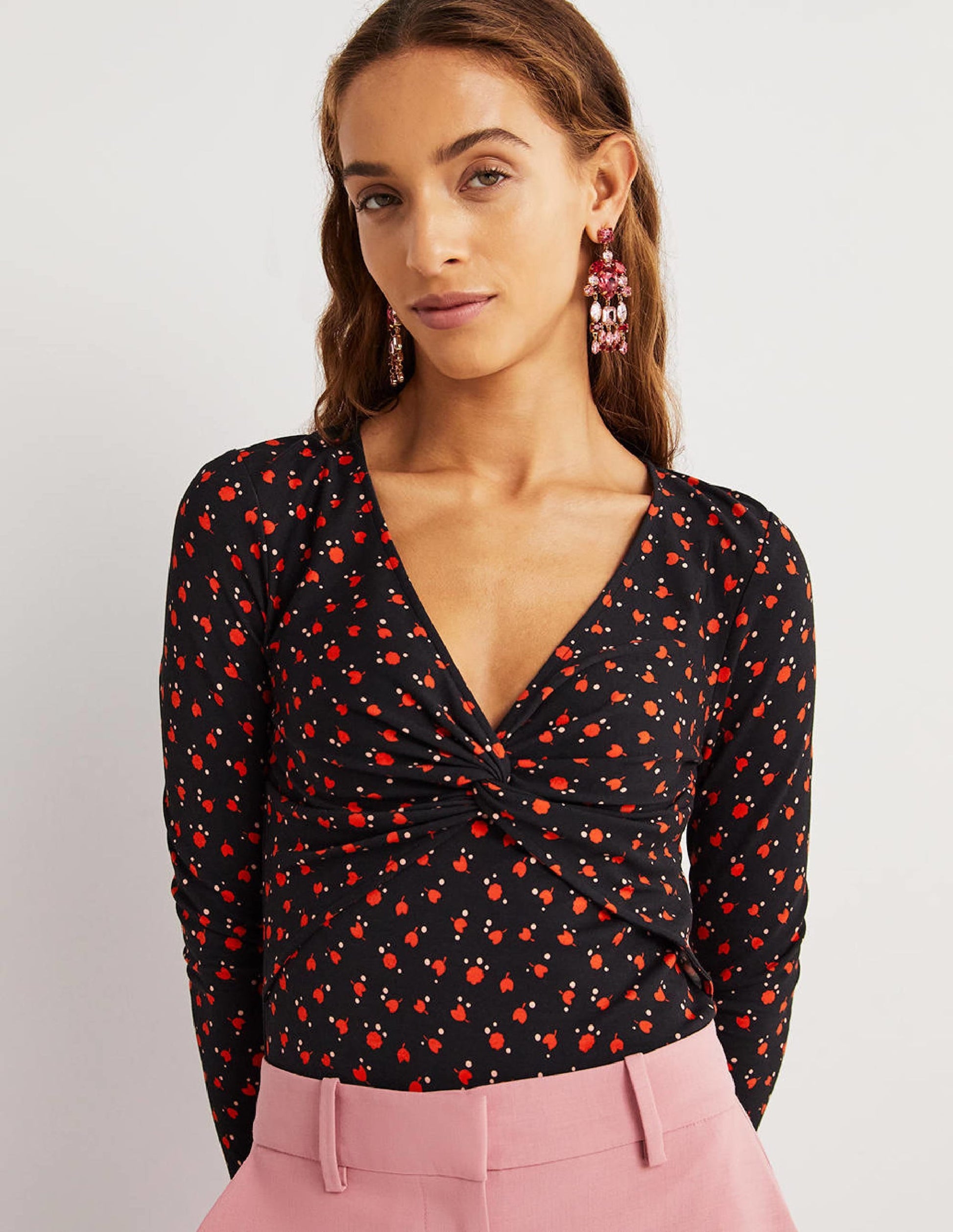 Ponte Twist Front Jersey Top-Rocket Red, Tulip Charm-1