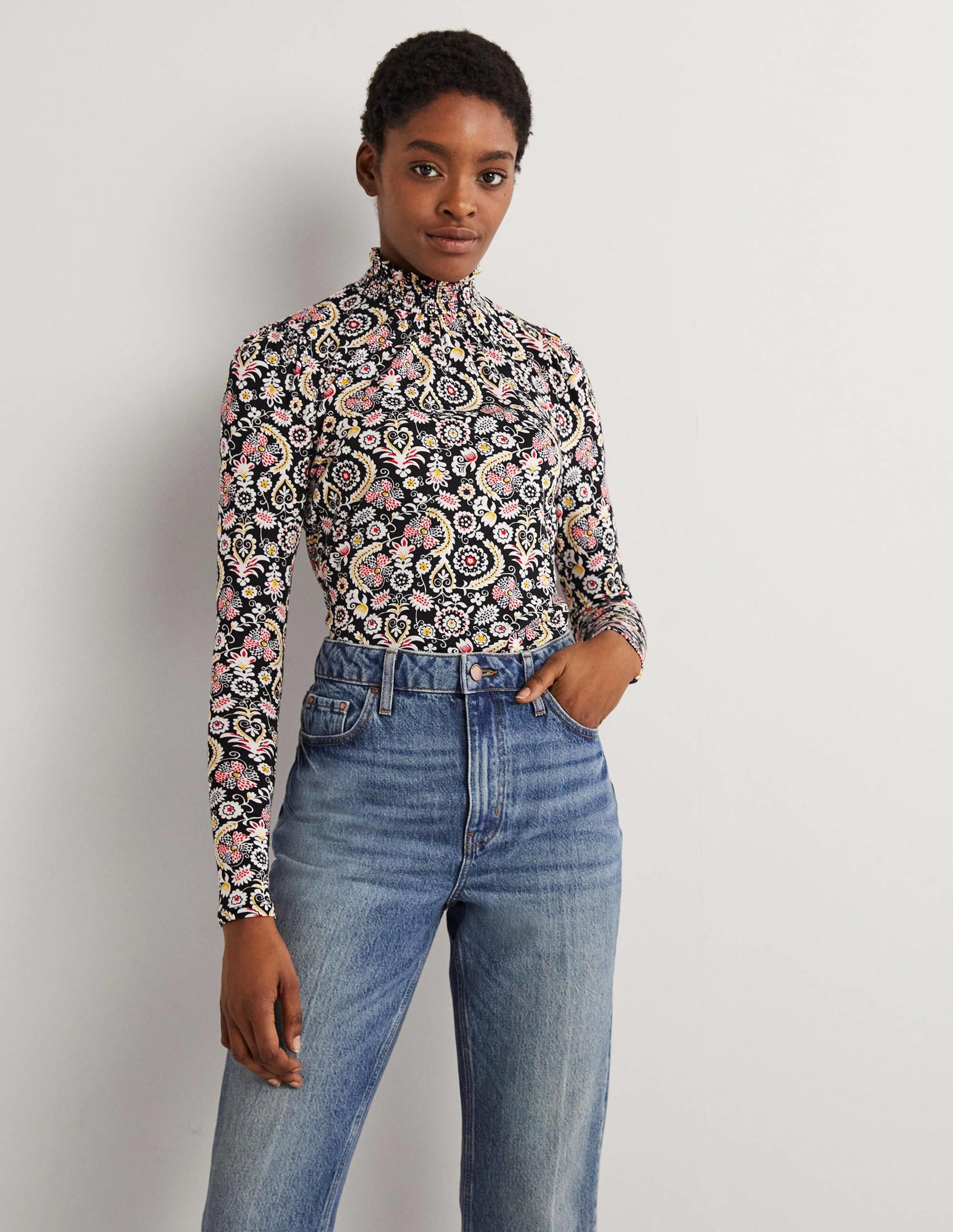 Smocked Neck Printed Top-Black, Tropic Charm-1