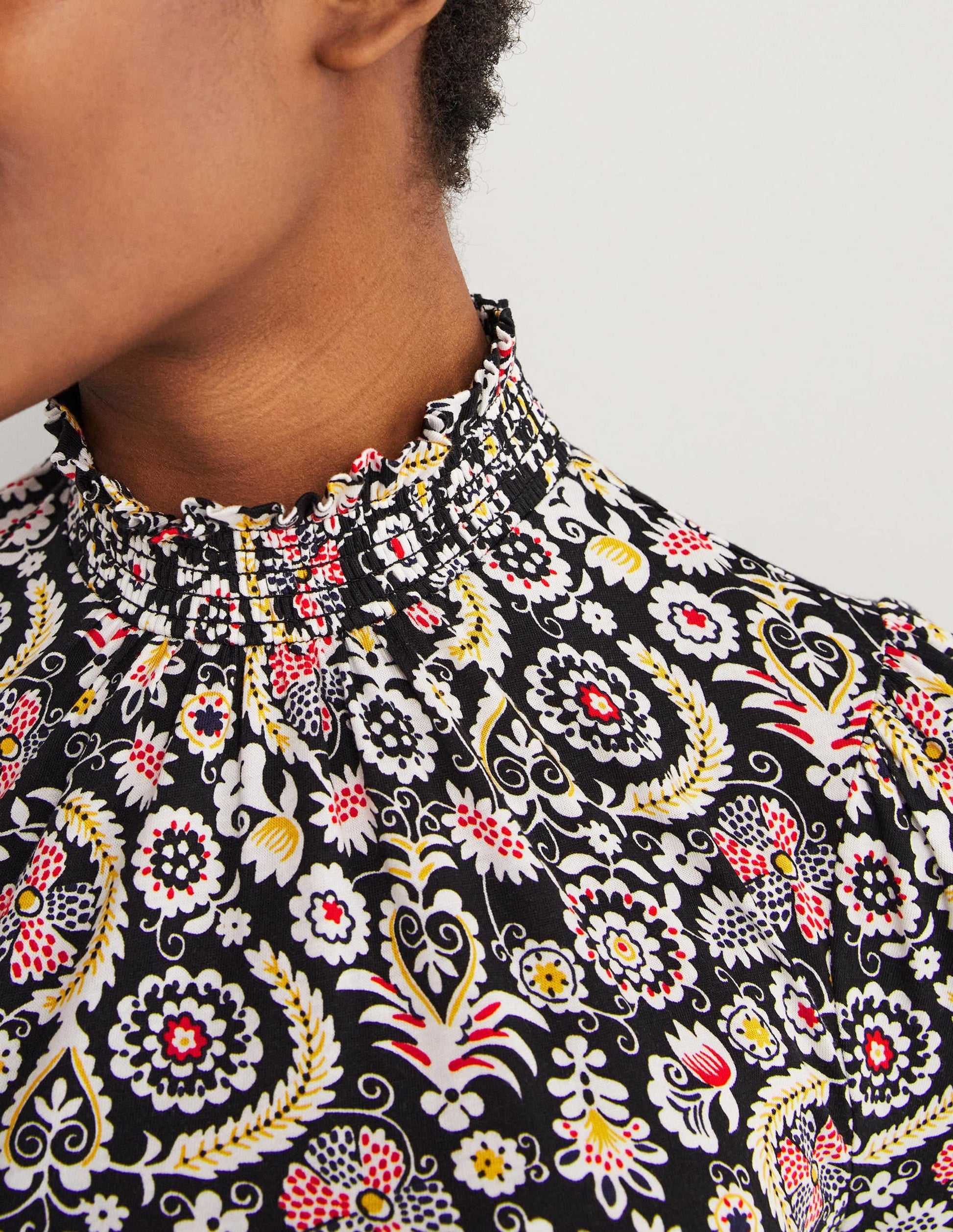 Smocked Neck Printed Top-Black, Tropic Charm-2