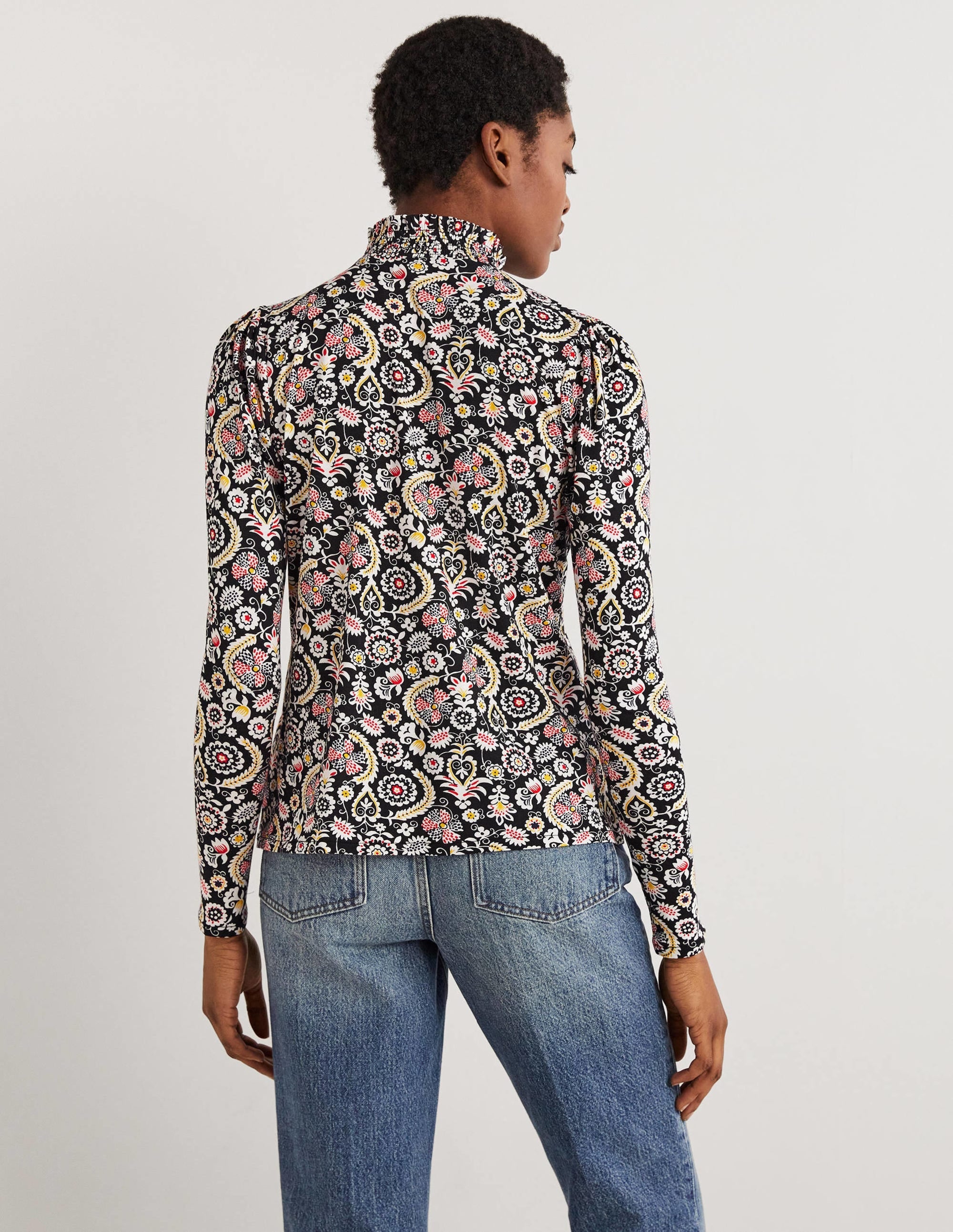 Smocked Neck Printed Top-Black, Tropic Charm - Image 3