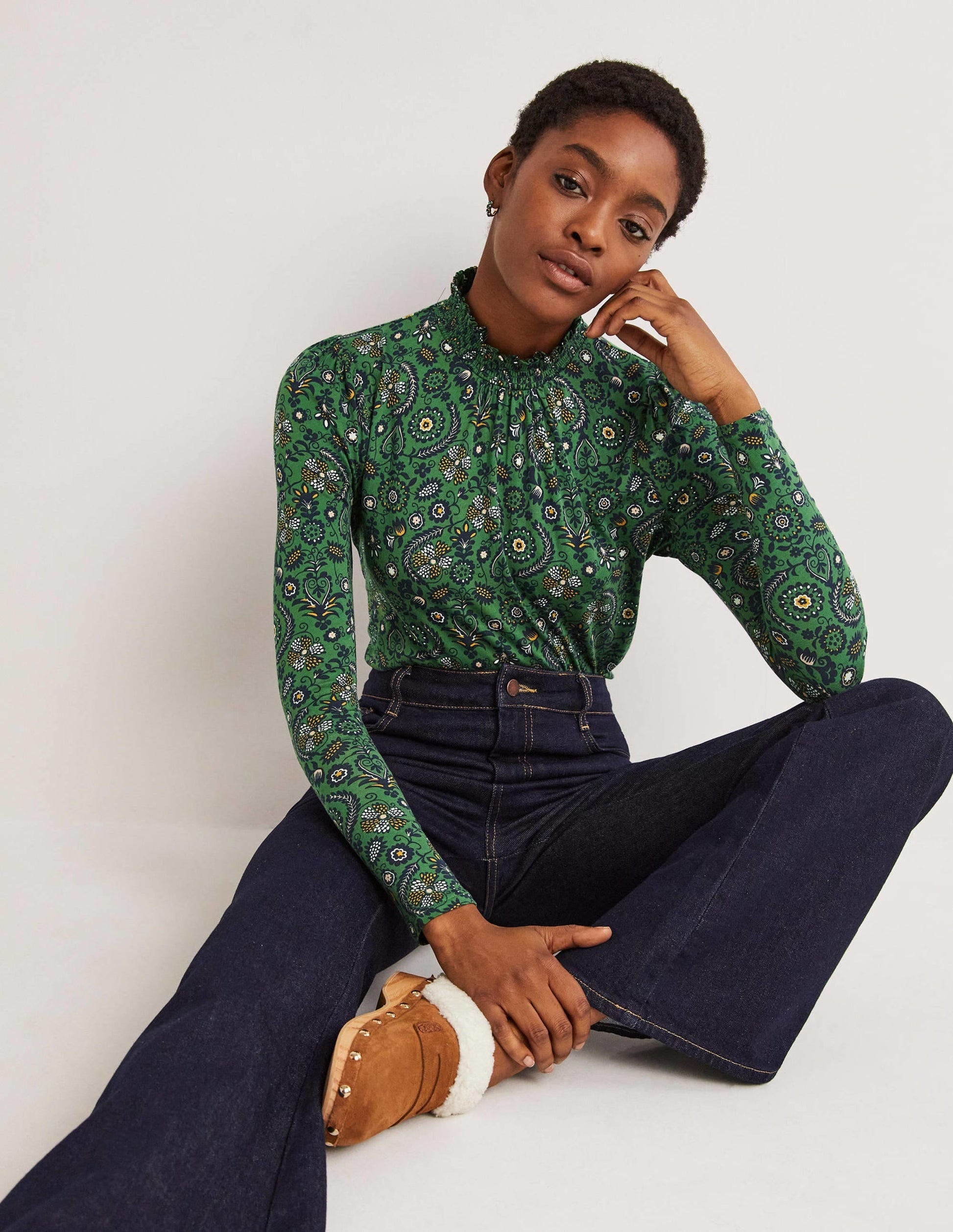 Smocked Neck Printed Top-Broad Bean, Tropic Charm-1