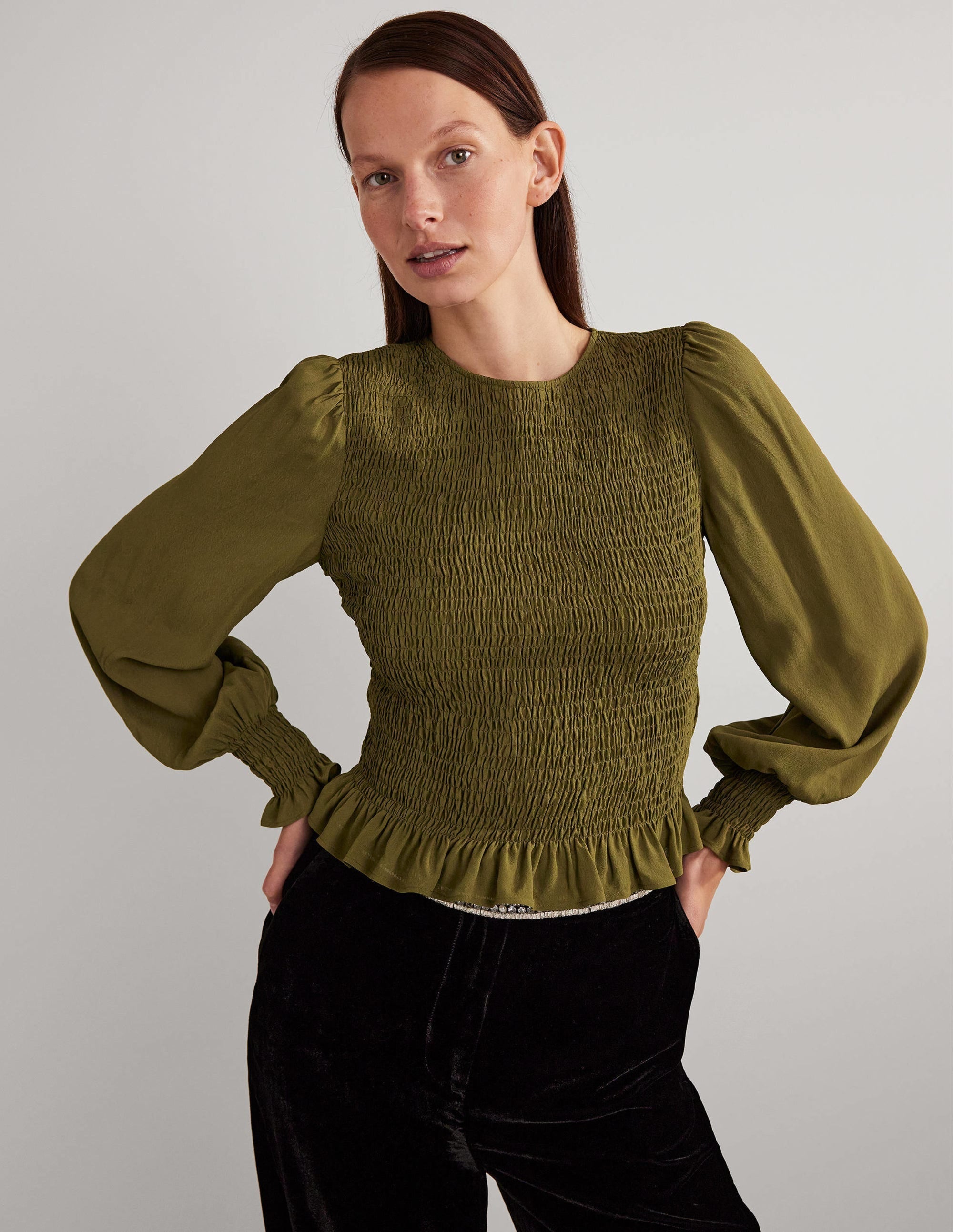 Crew Neck Smocked Bodice Top-Basil - Image 1