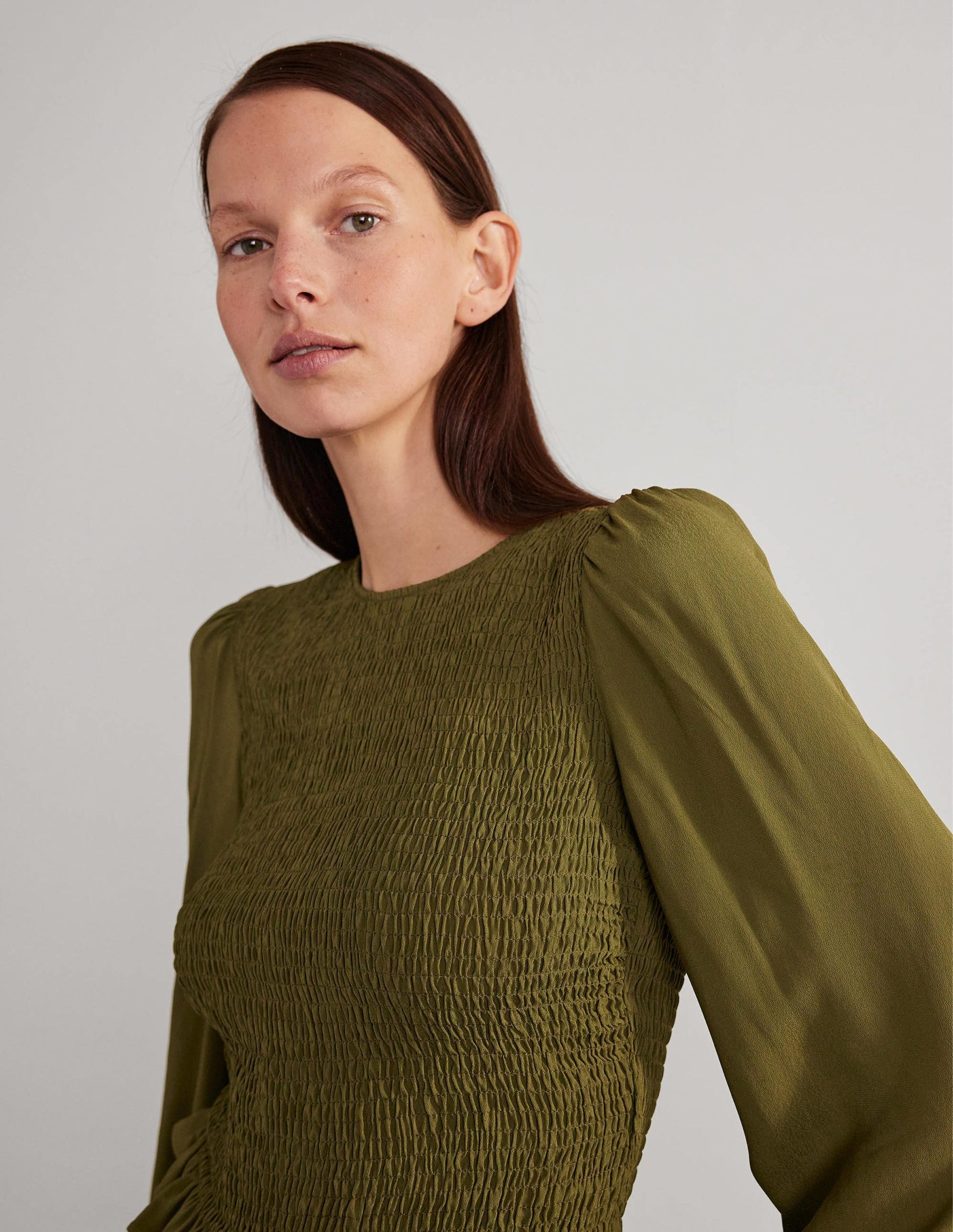 Crew Neck Smocked Bodice Top-Basil-2