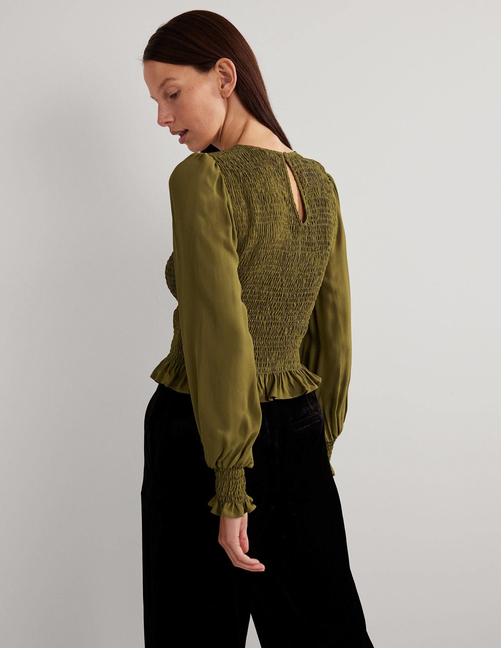 Crew Neck Smocked Bodice Top-Basil-3