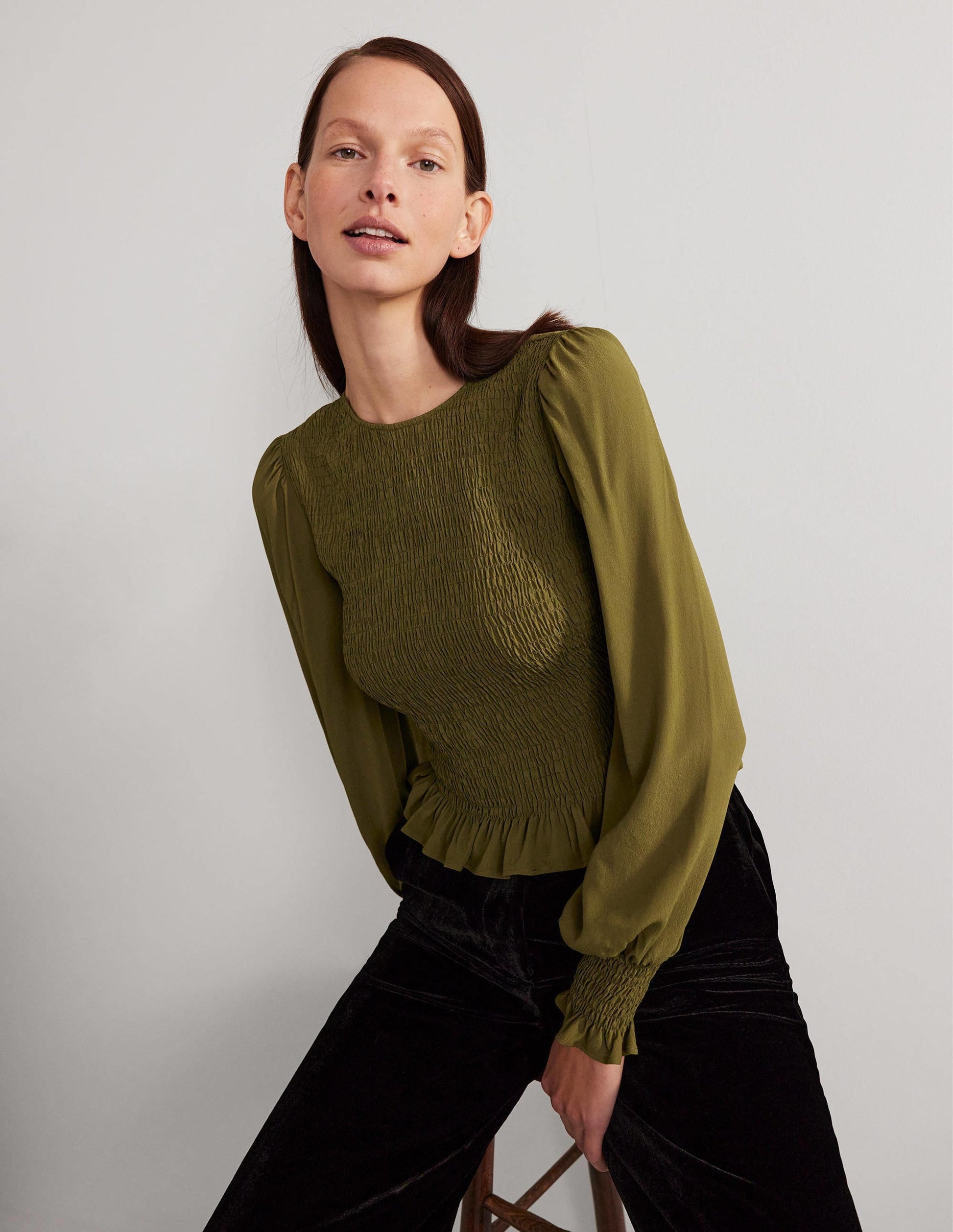 Crew Neck Smocked Bodice Top-Basil-4
