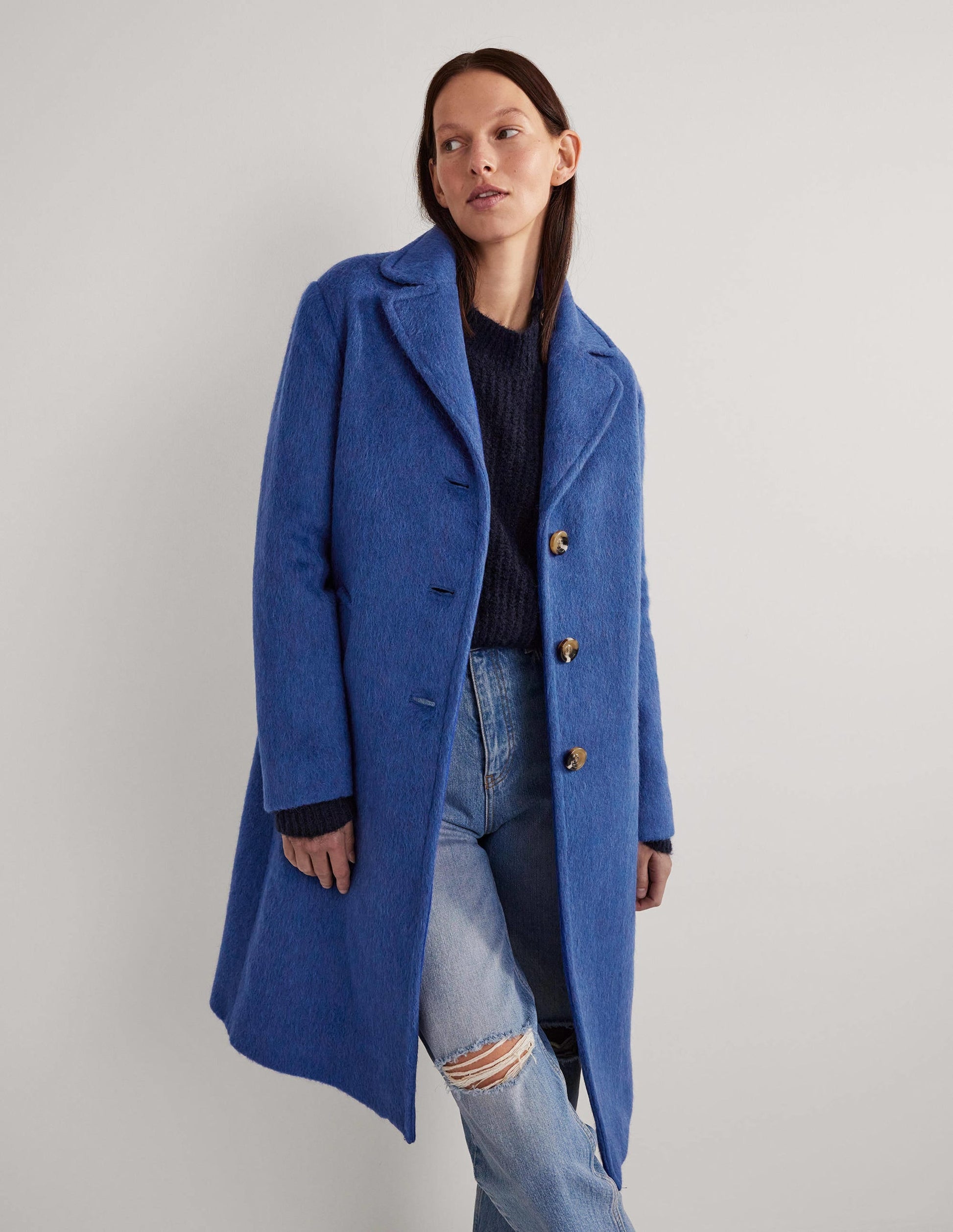 Wool Blend Collared Coat-Sea Blue-1