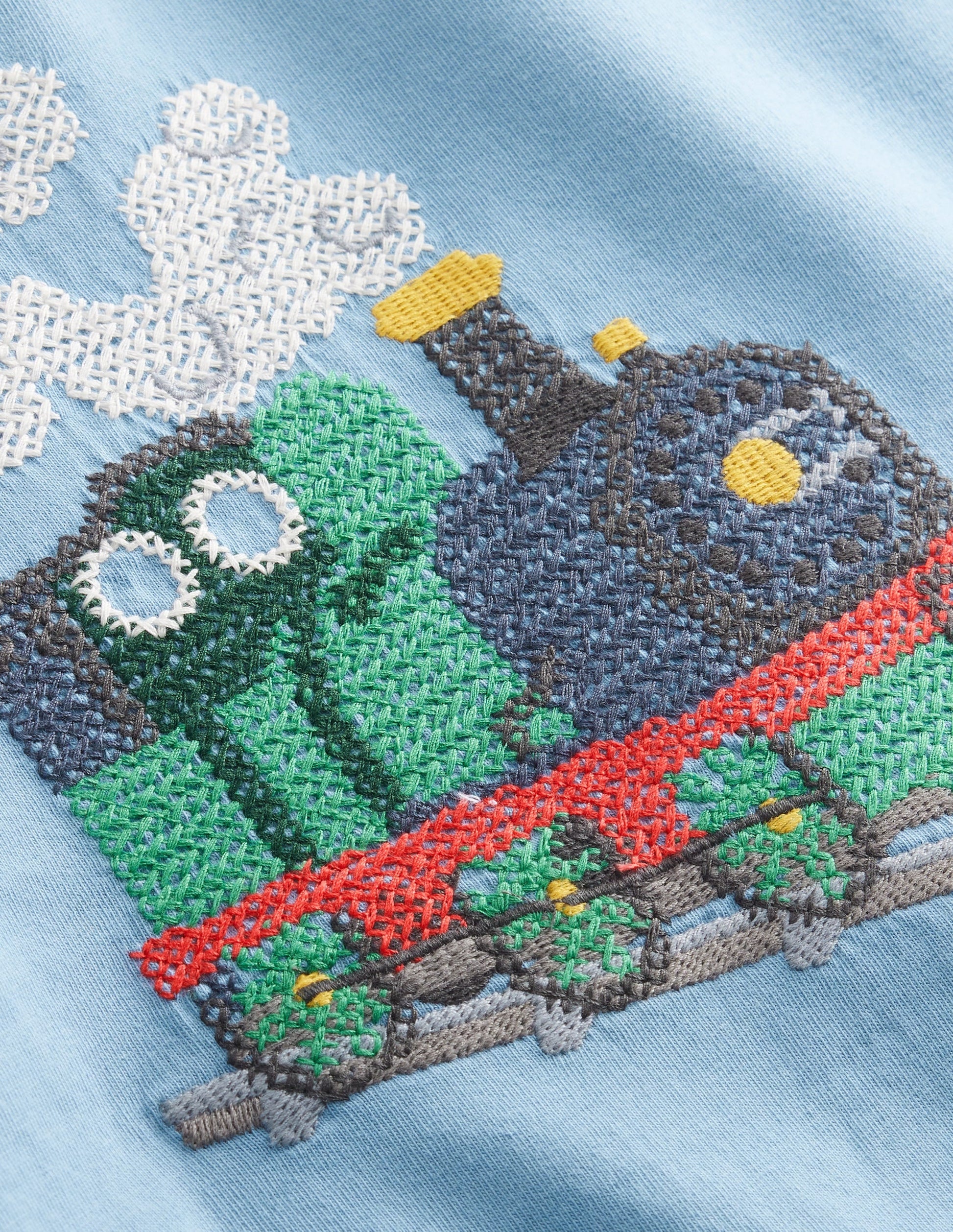 Cross-Stitch Cotton T-Shirt-Pebble Blue Train-3