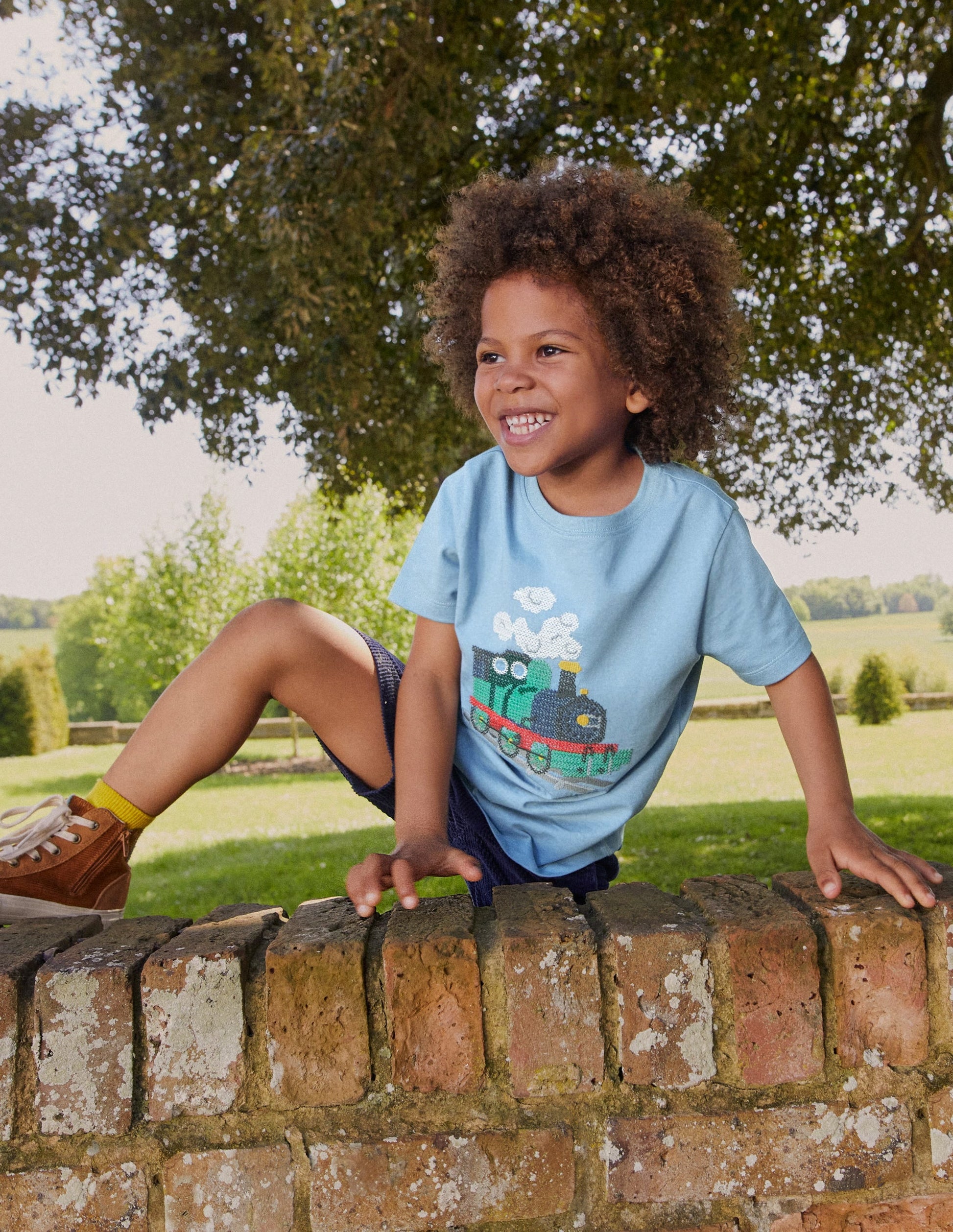 Cross-Stitch Cotton T-Shirt-Pebble Blue Train-4