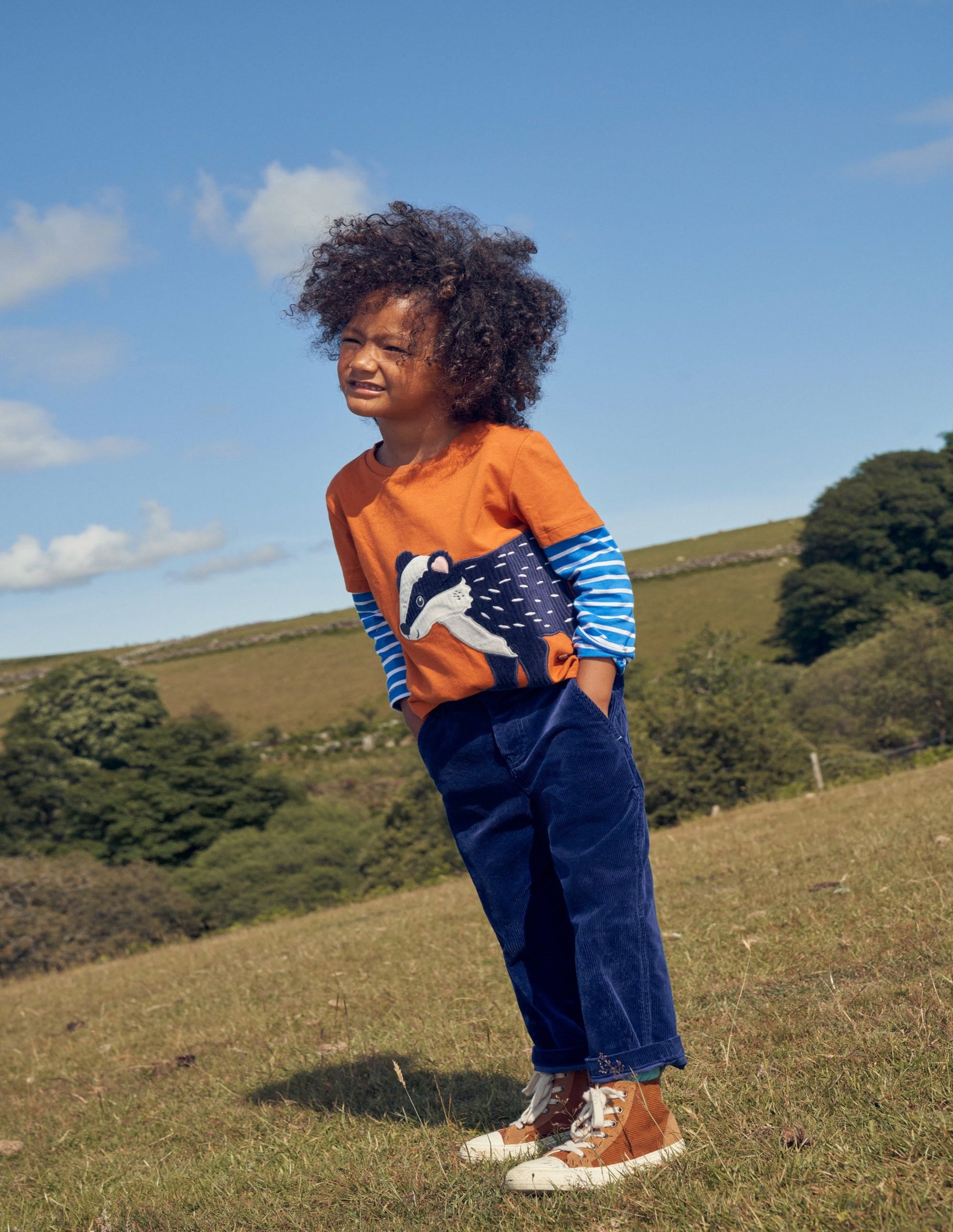 Appliqué Mock Sleeve T-Shirt-Autumn Orange Badger-4