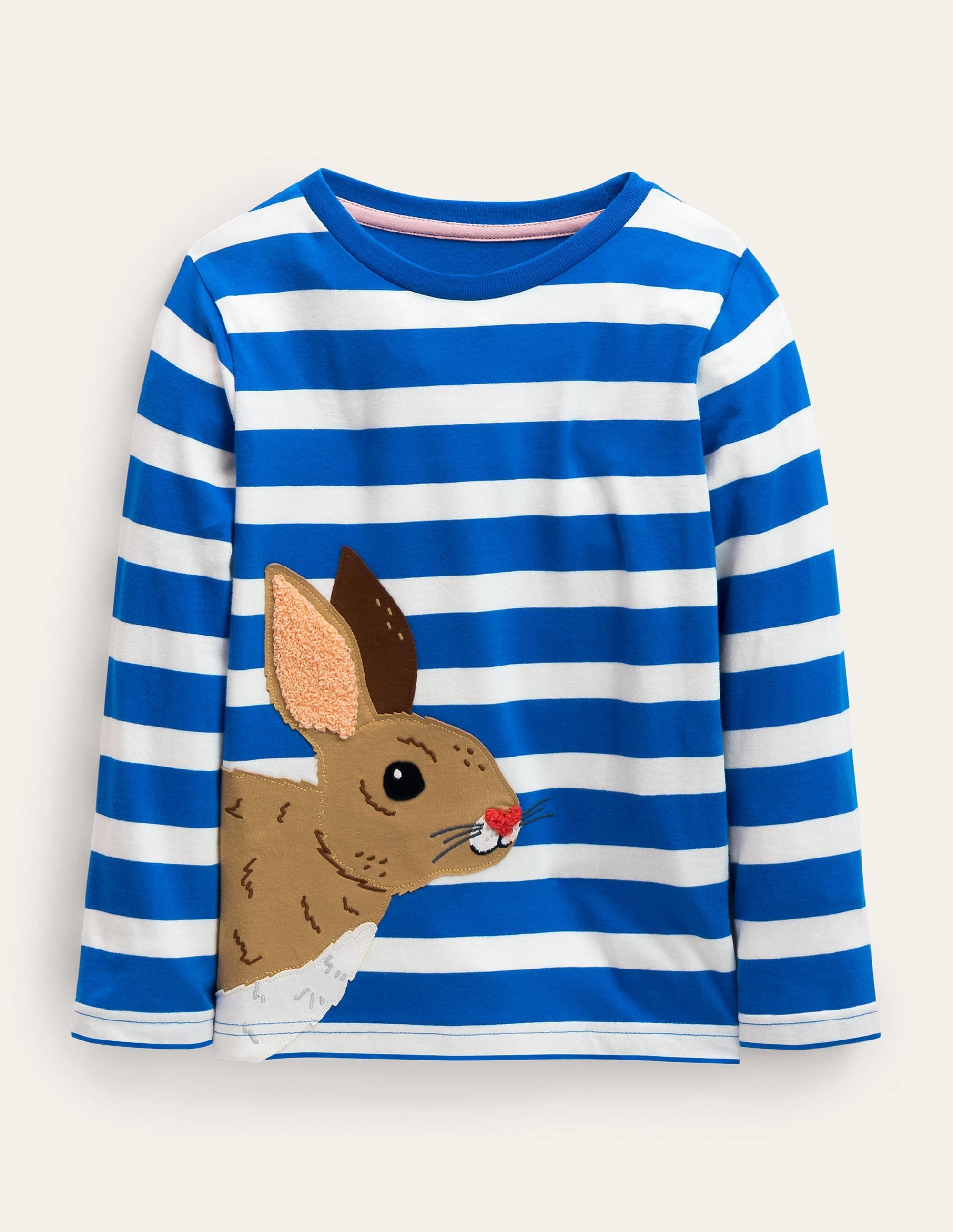 Big Appliqué Striped T-shirt-Moroccan Blue/ Ivory Rabbit - Image 1