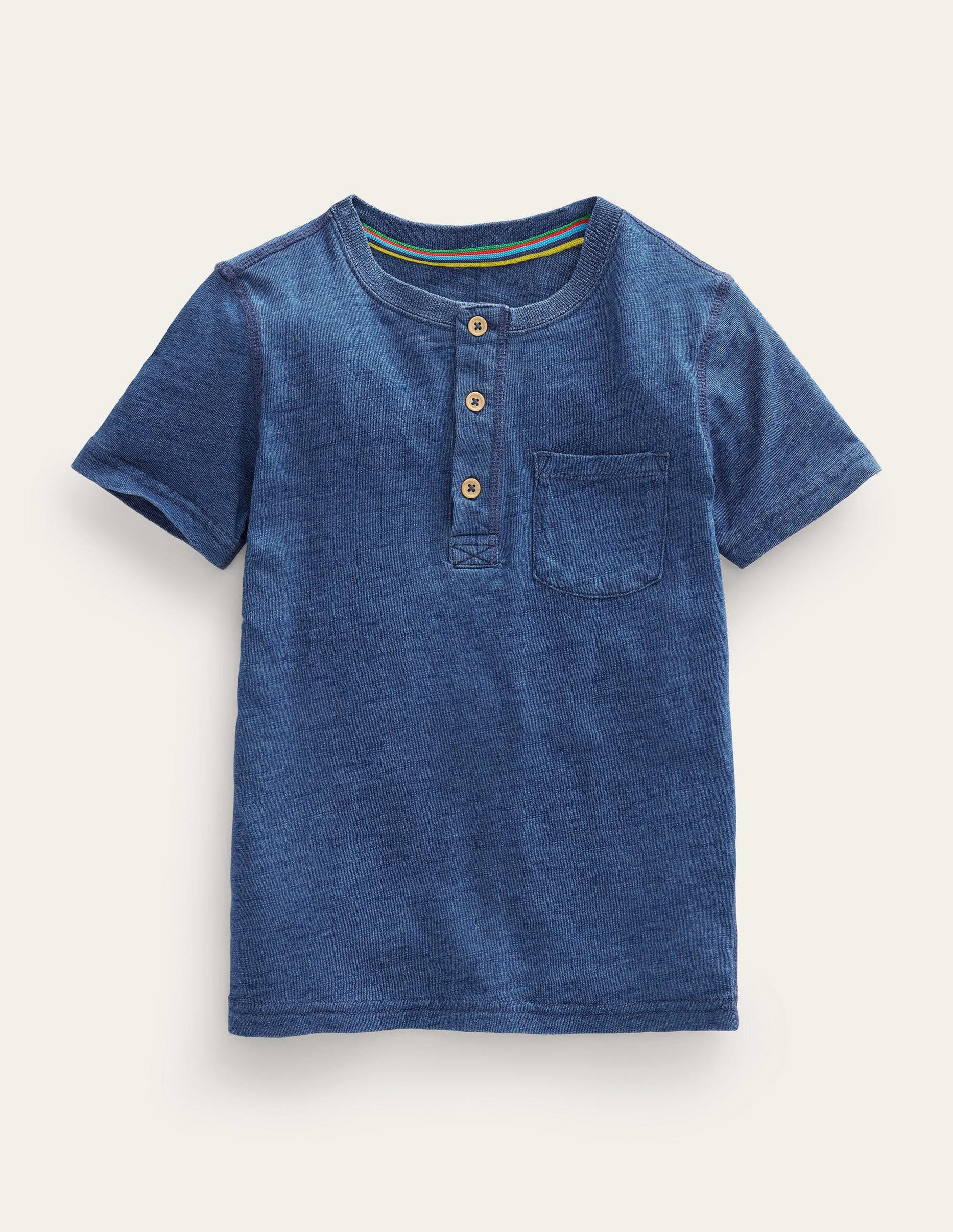 Washed Cotton Henley T-shirt-Indigo Blue-1