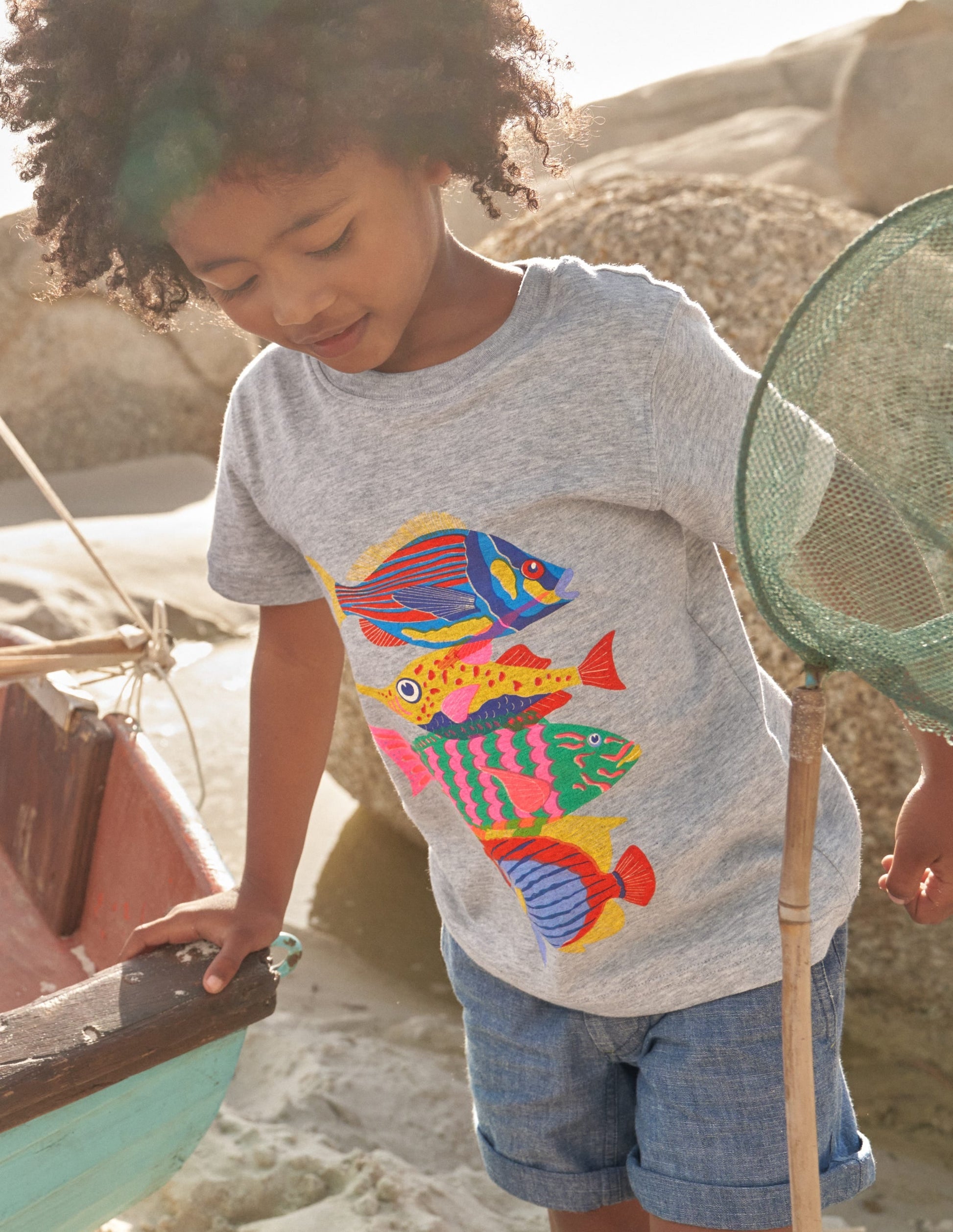 Graphic-Print Cotton T-Shirt-Silver Marl Fish-4