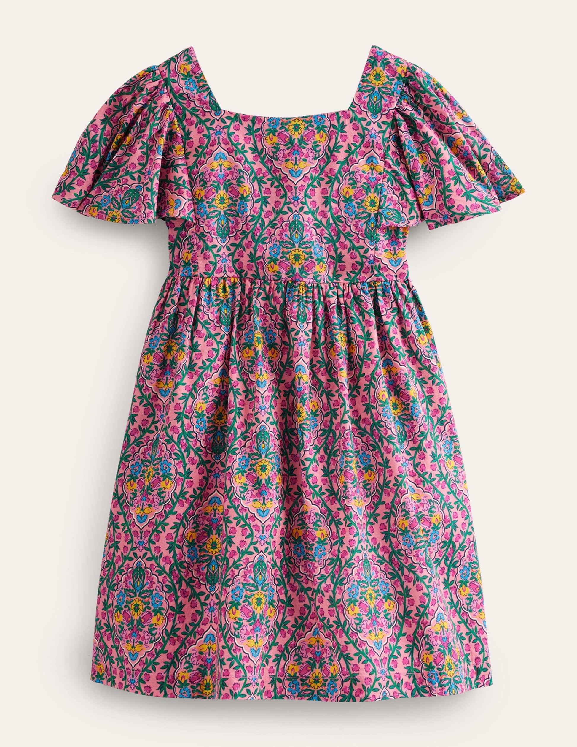 Flutter-Sleeve Printed Dress-Azalea Woodblock Vine-1