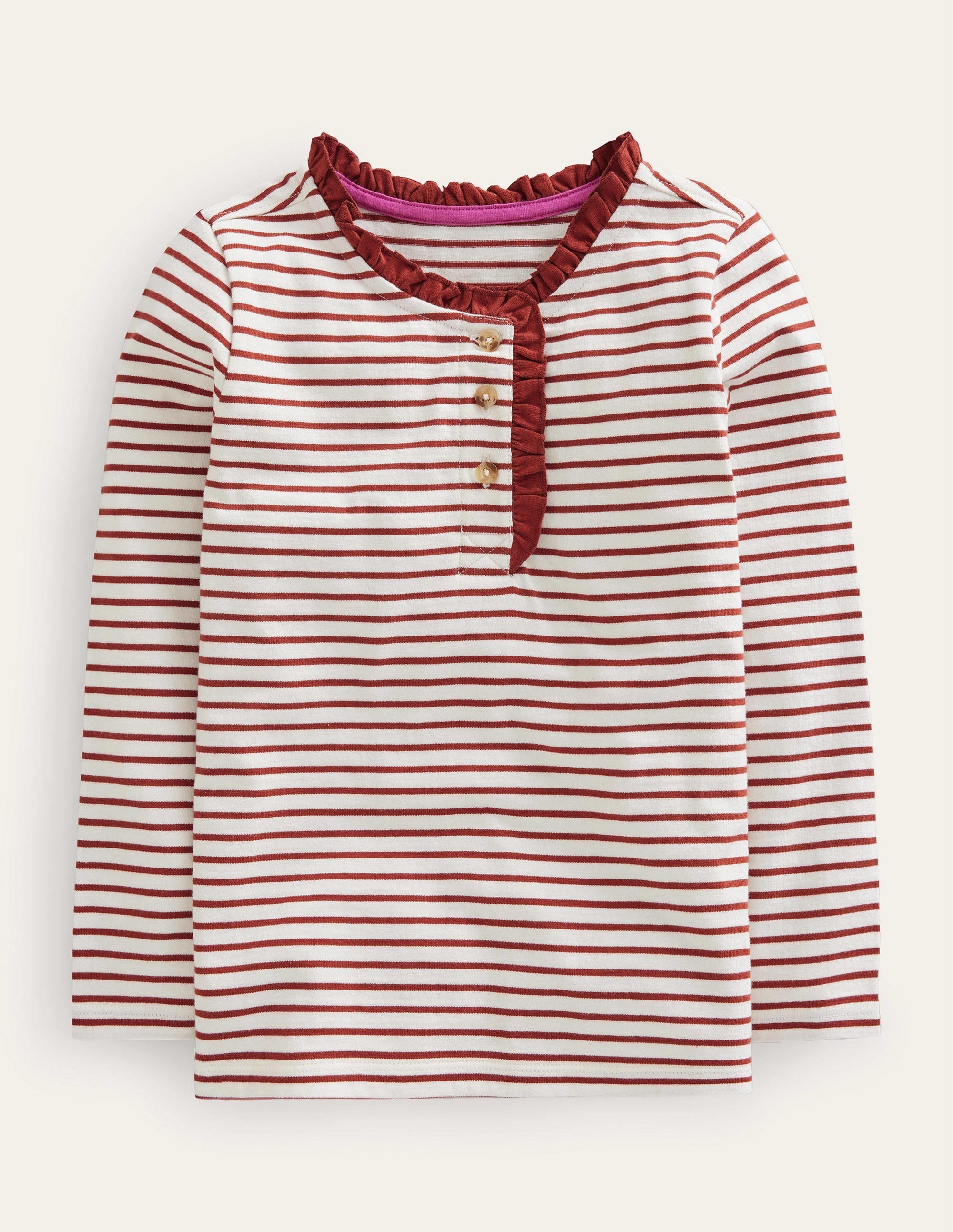 Henley Ruffle Breton Top-Ivory/Roasted Chestnut Brown - Image 1