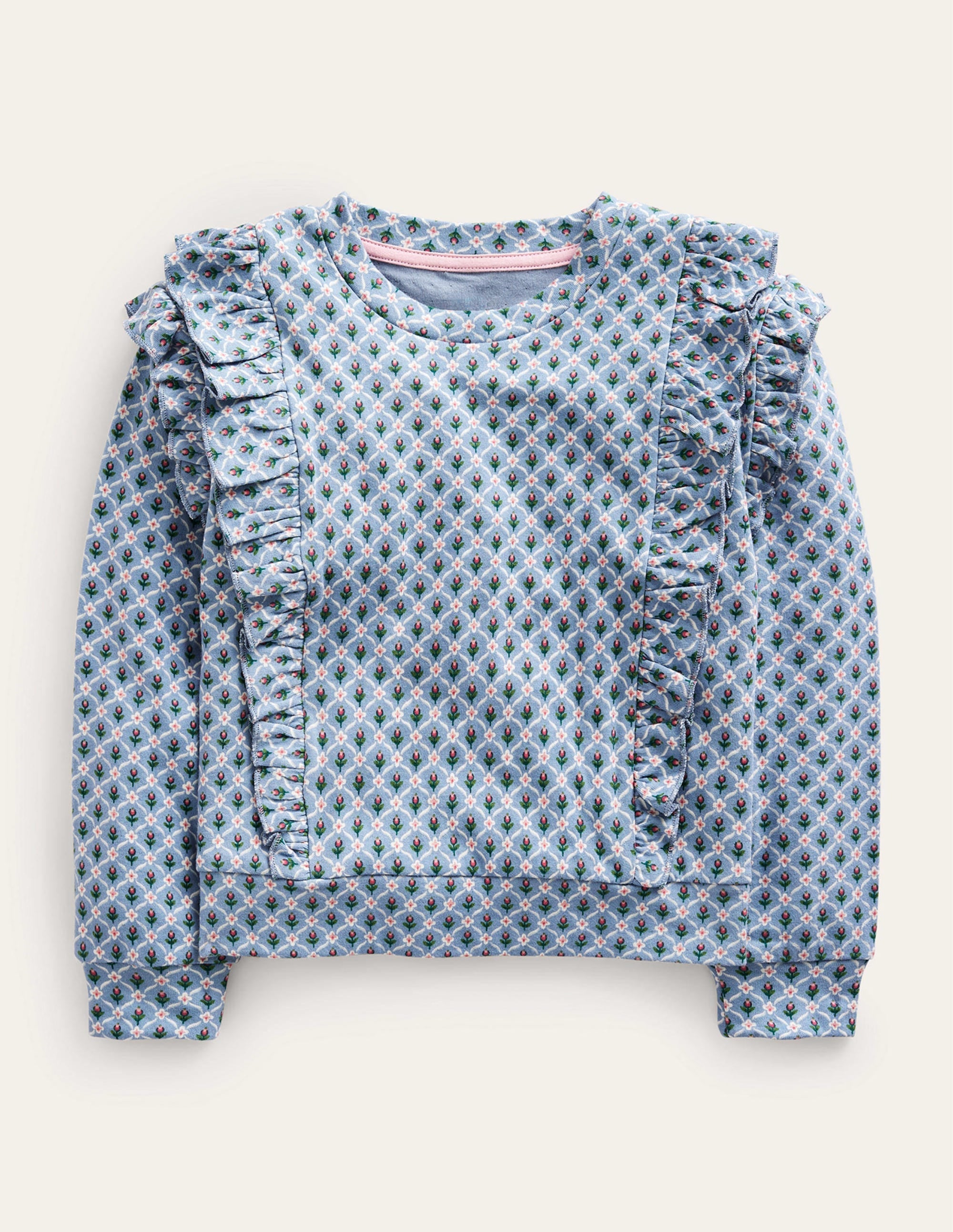 Frill Printed Sweatshirt-Pebble Blue Flower - Image 1
