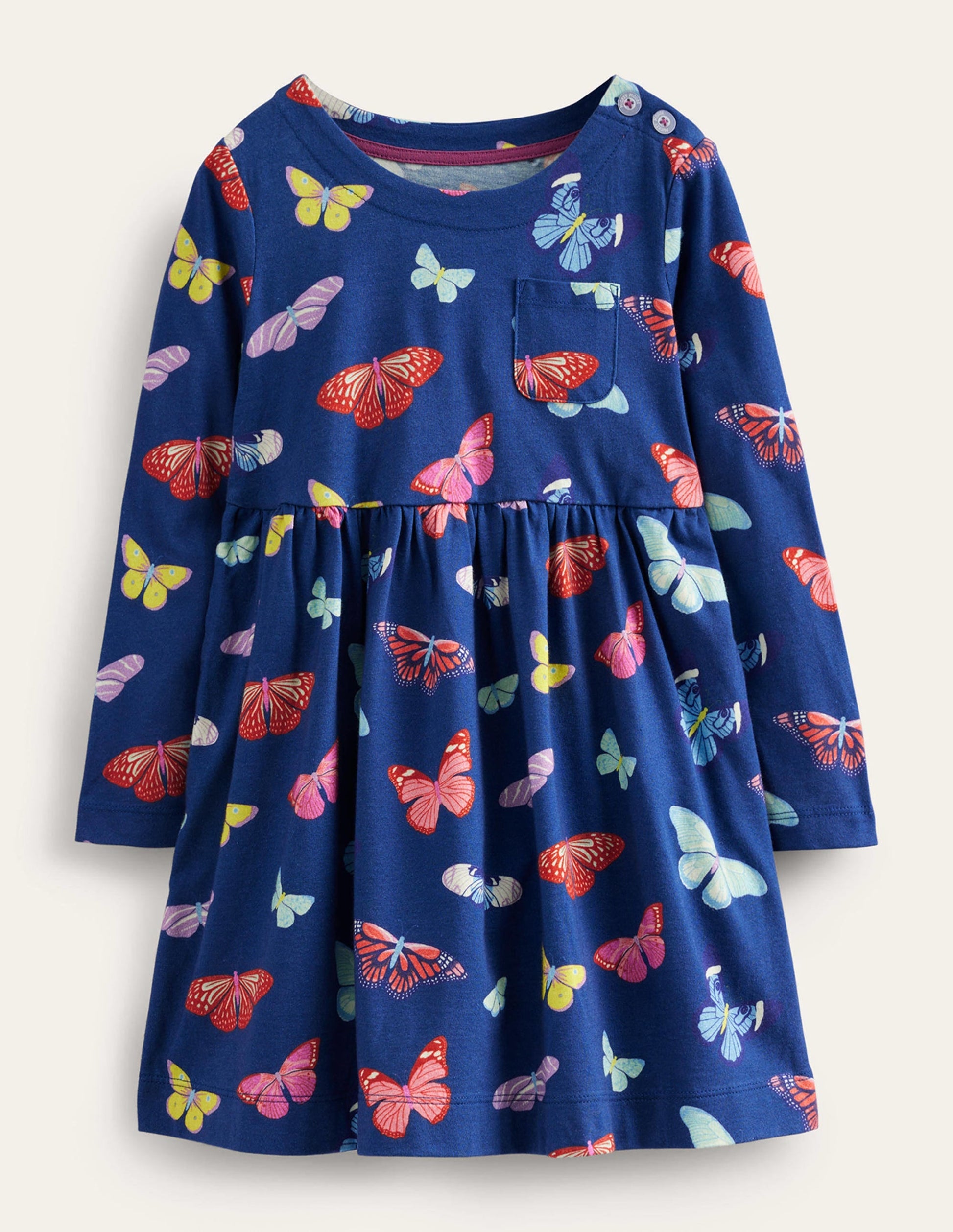 Long Sleeve Fun Jersey Dress-College Navy Butterflies-1