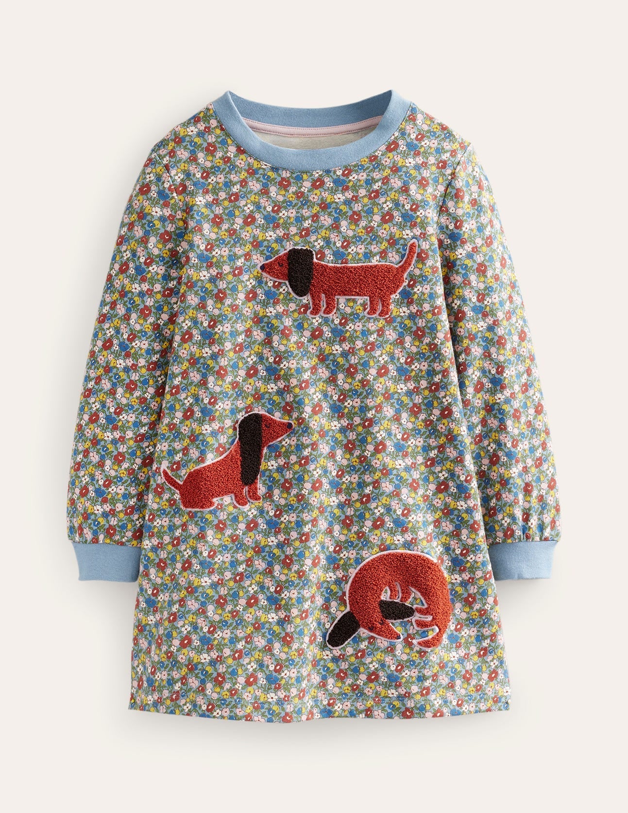 Appliqué Sweatshirt Dress-Pebble Blue Flower Dog - Image 1