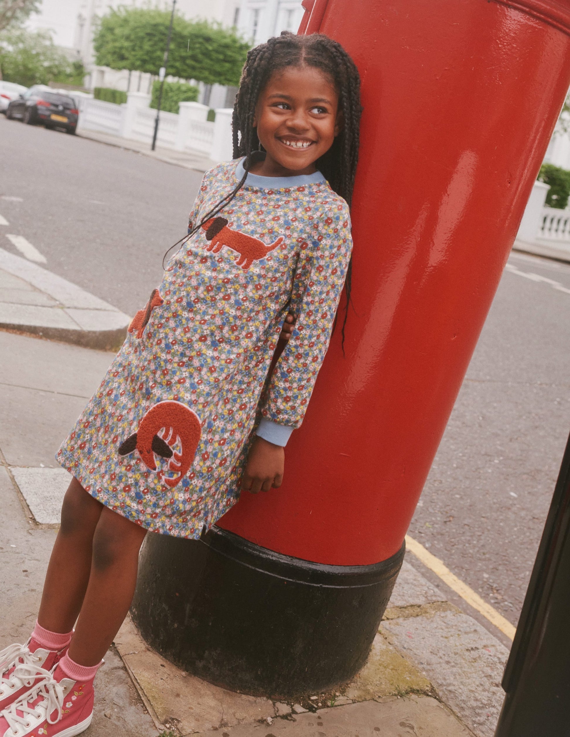 Appliqué Sweatshirt Dress-Pebble Blue Flower Dog-4