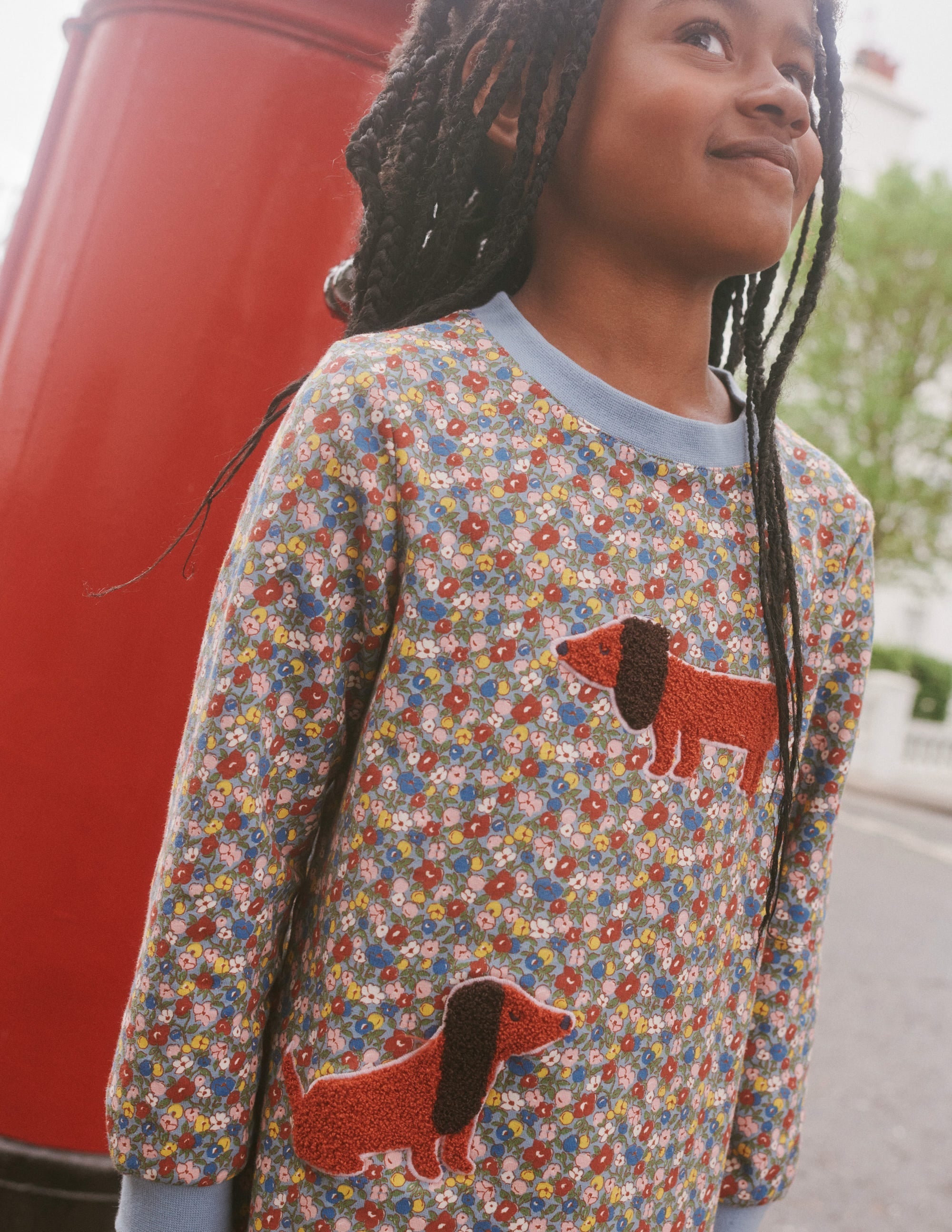 Appliqué Sweatshirt Dress-Pebble Blue Flower Dog - Image 5
