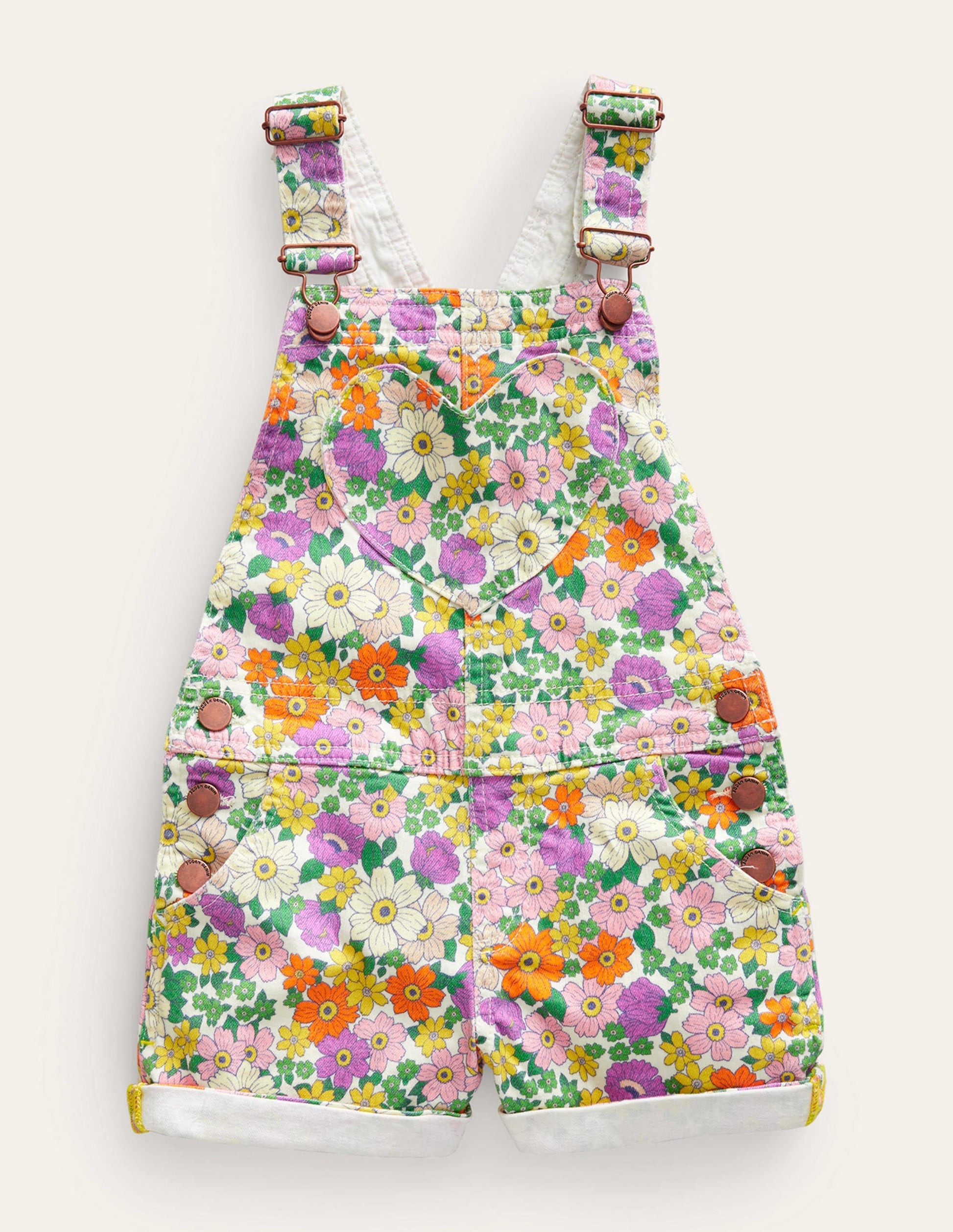 Heart Pocket Short Dungarees-Ivory & Purple Caravan Floral-1