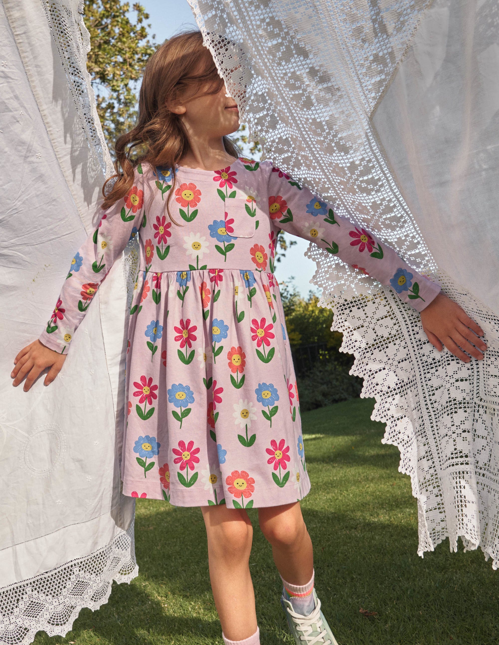Long Sleeve Fun Jersey Dress-Winsome Pink Flowers - Image 6