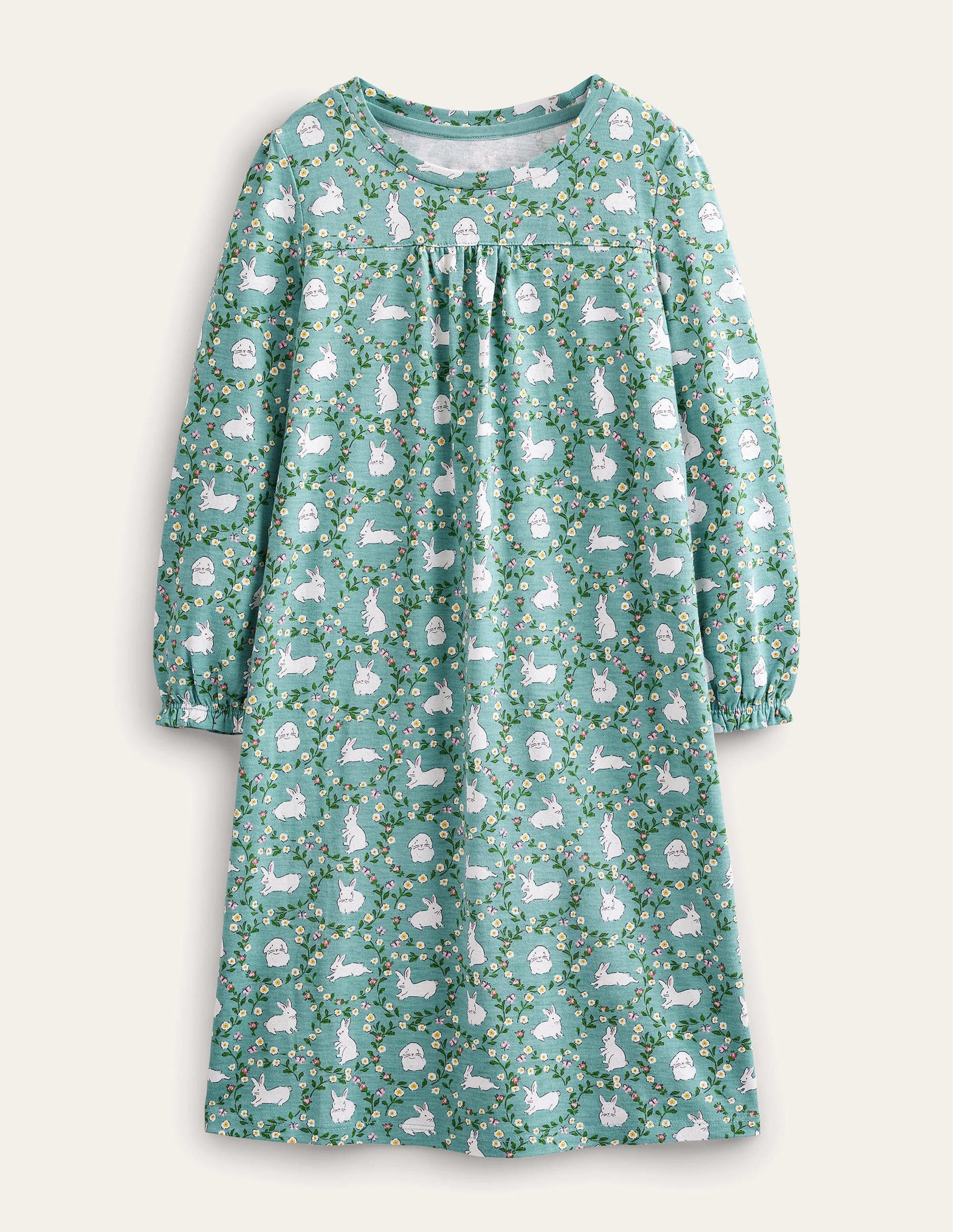 Printed Long-sleeved Nightie-Hot Spring Blue Bunnies-1