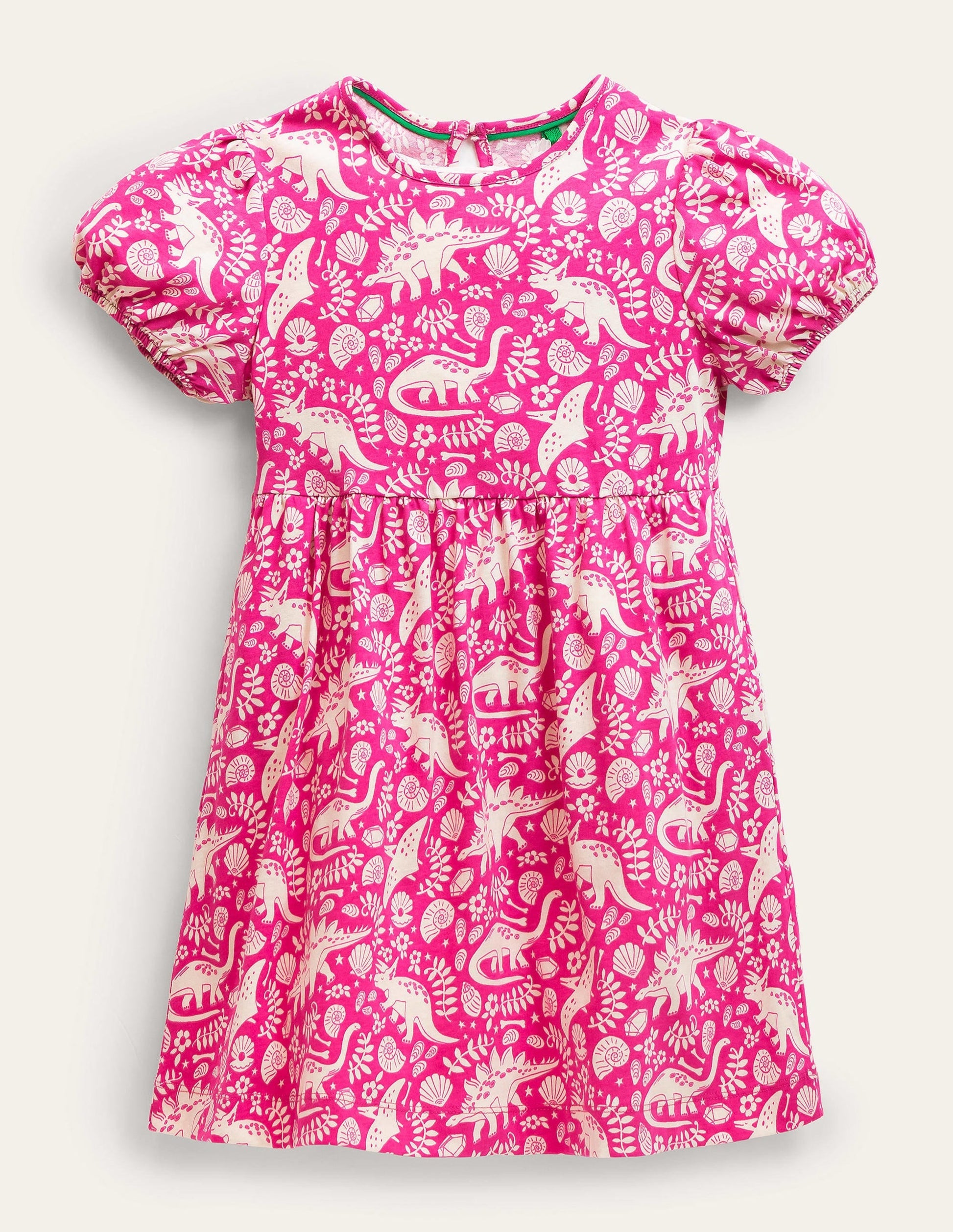 Puff Sleeve Jersey Dress-Tickled Pink Dinosaur Toile-1