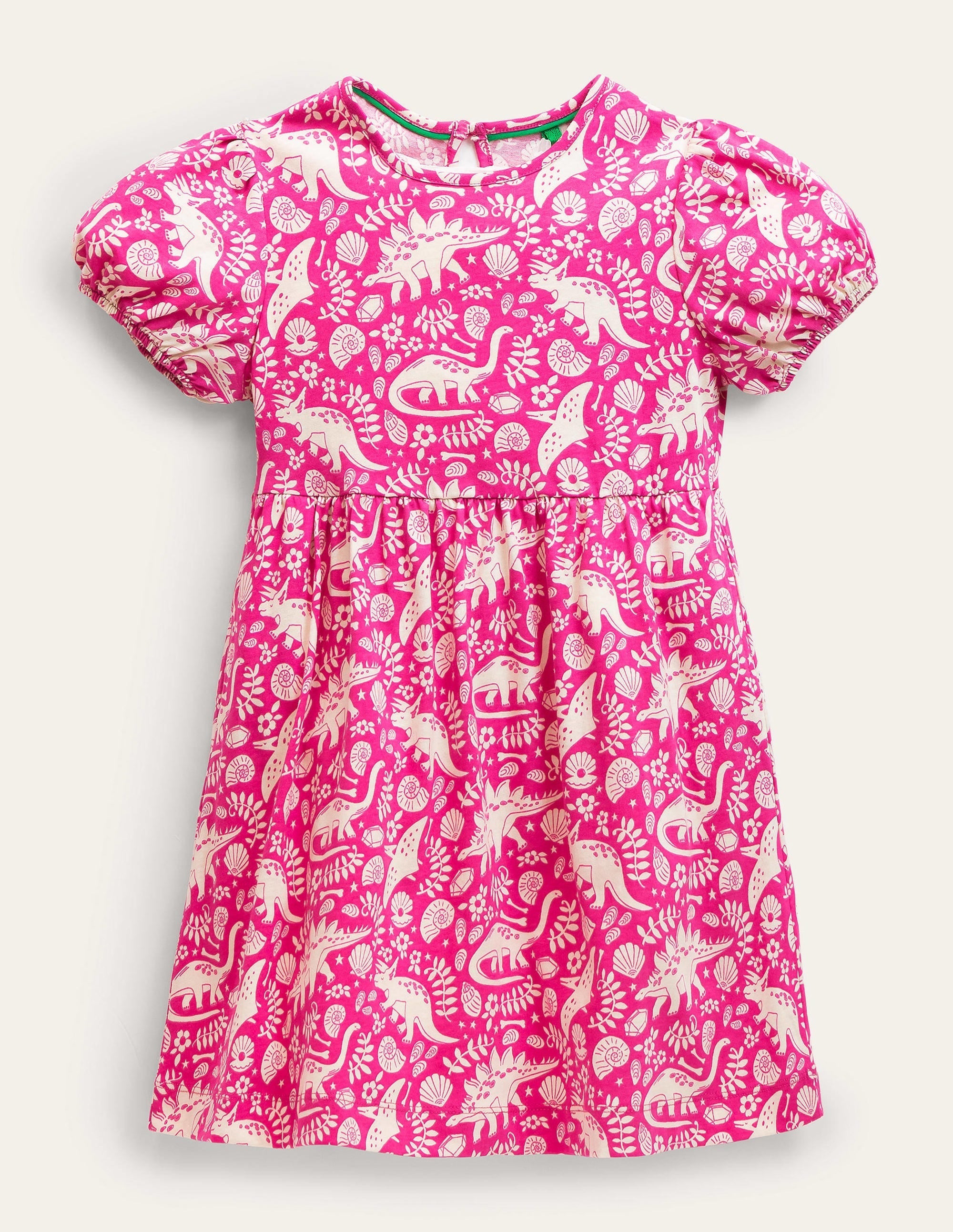 Puff Sleeve Jersey Dress-Tickled Pink Dinosaur Toile - Image 1