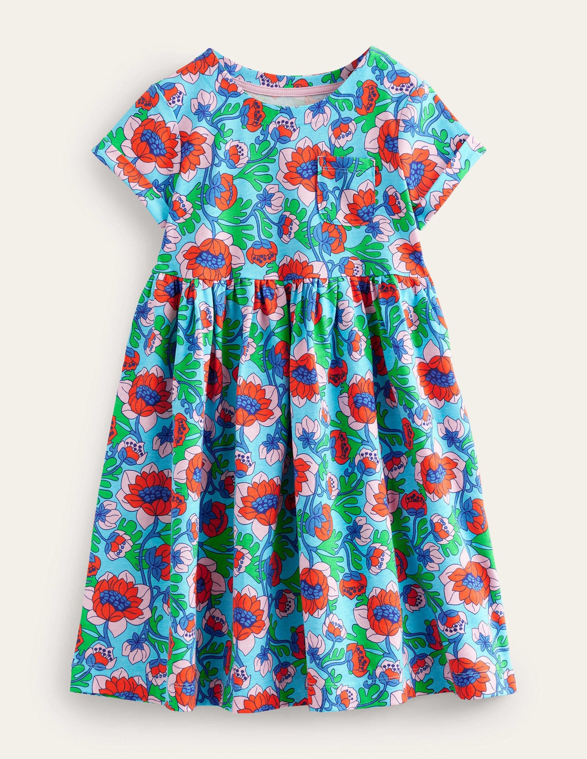 Short Sleeve Fun Jersey Dress-Aqua Blue Poppies-1