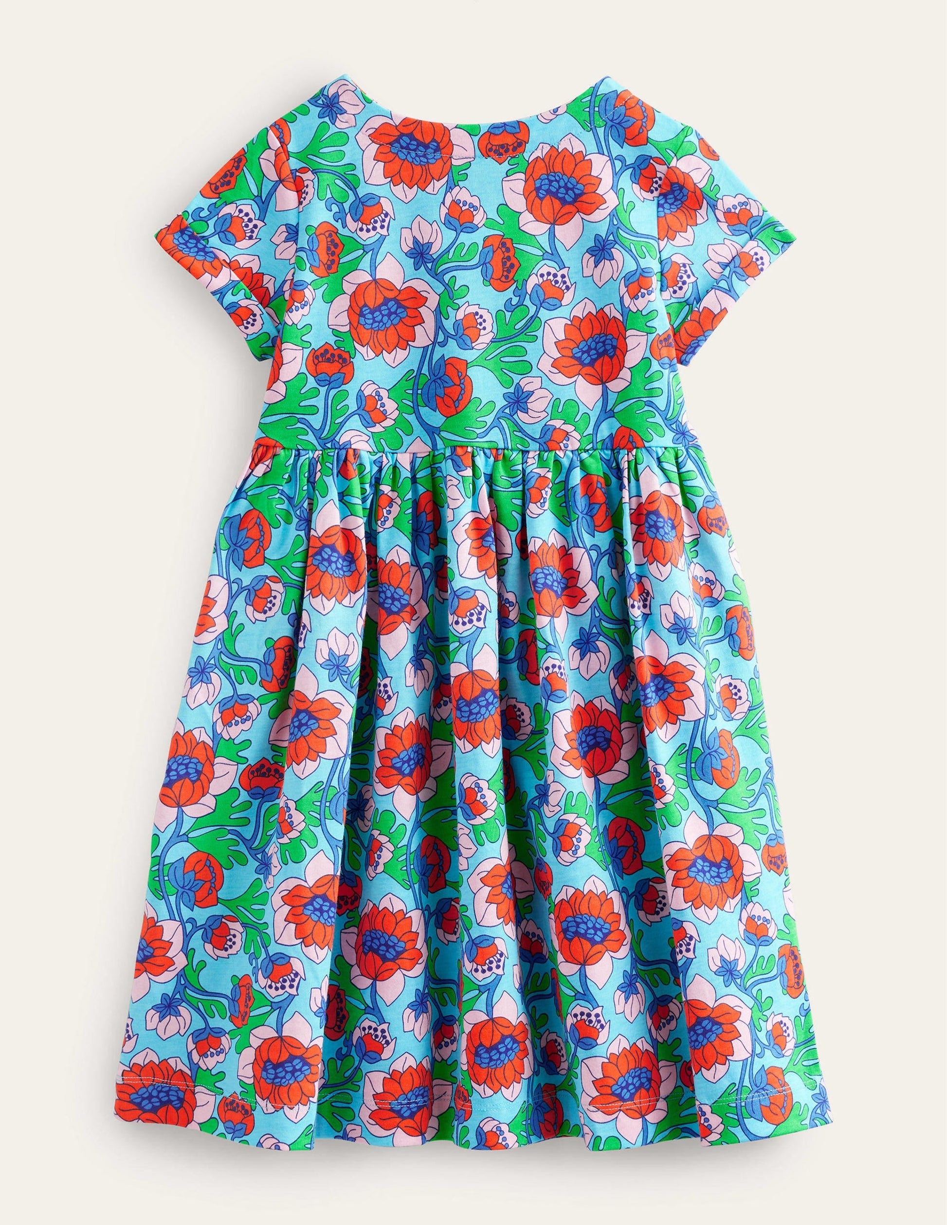 Short Sleeve Fun Jersey Dress-Aqua Blue Poppies-2