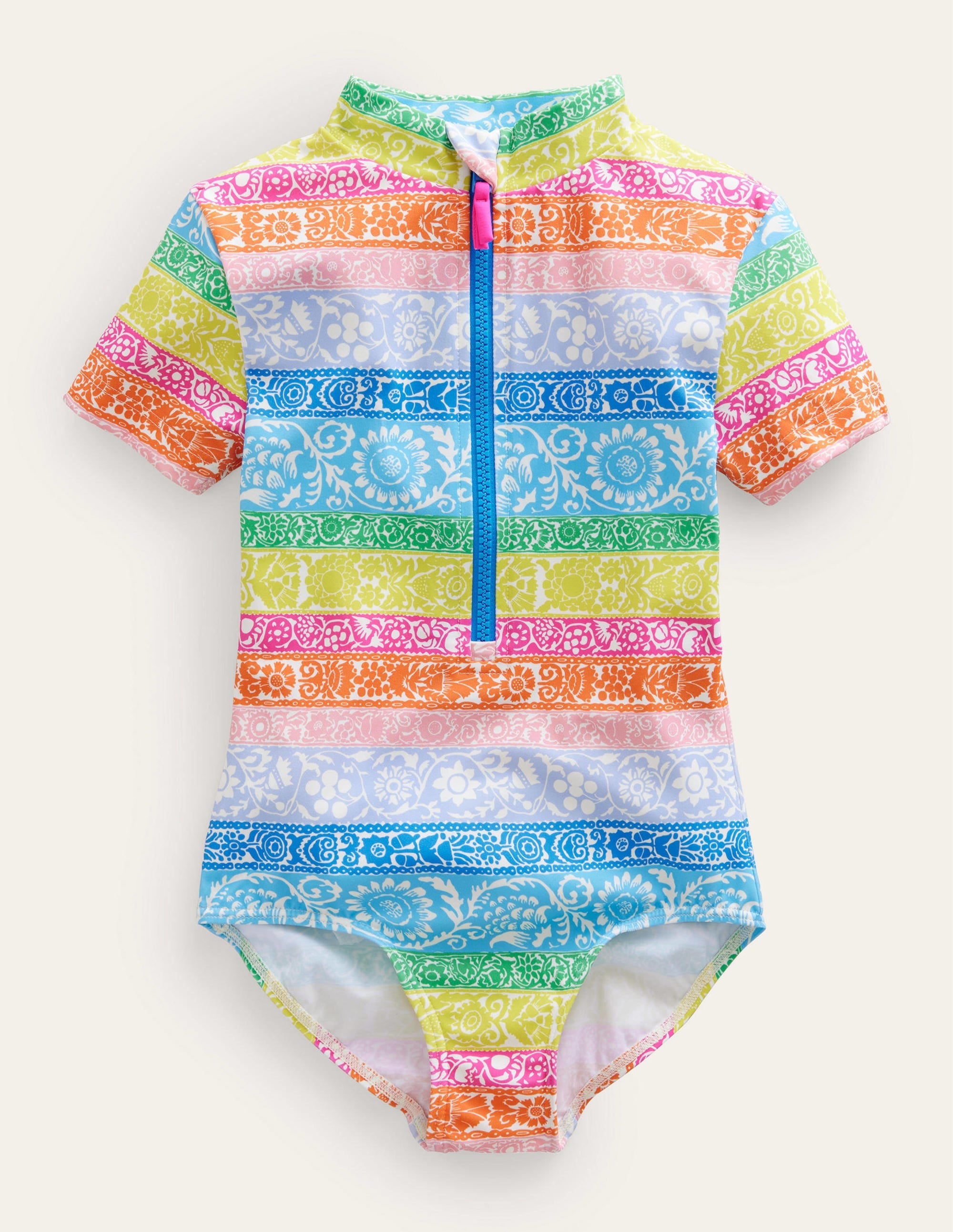 Short-sleeved Swimsuit-Ivory, Multi Wallpaper Stripe - Image 1