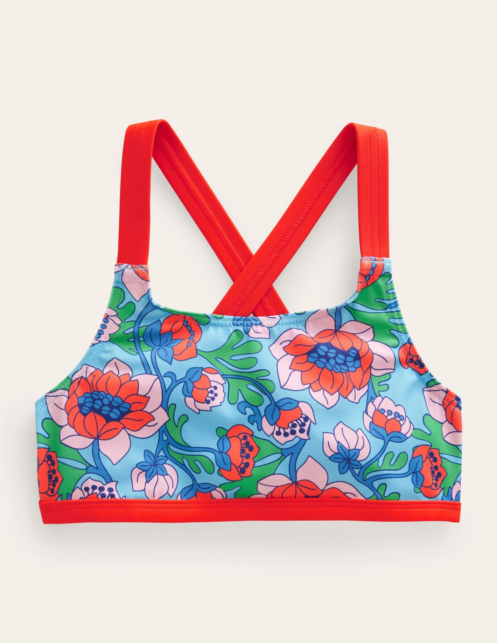 Cross Back Bikini Top-Red Poppy Spring Time Floral-1