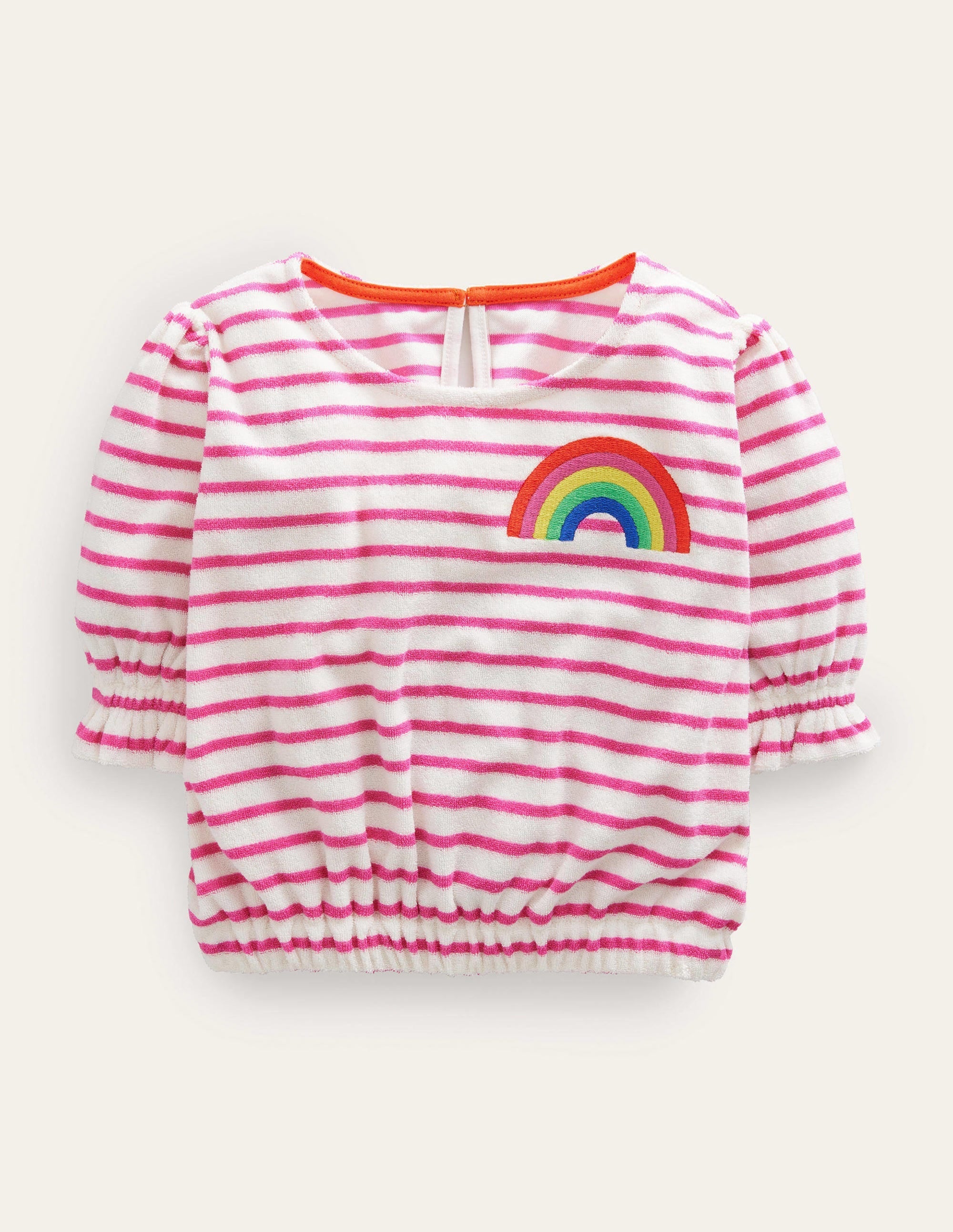 Embroidered Towelling Top-Tickled Pink/Ivory Rainbow - Image 1