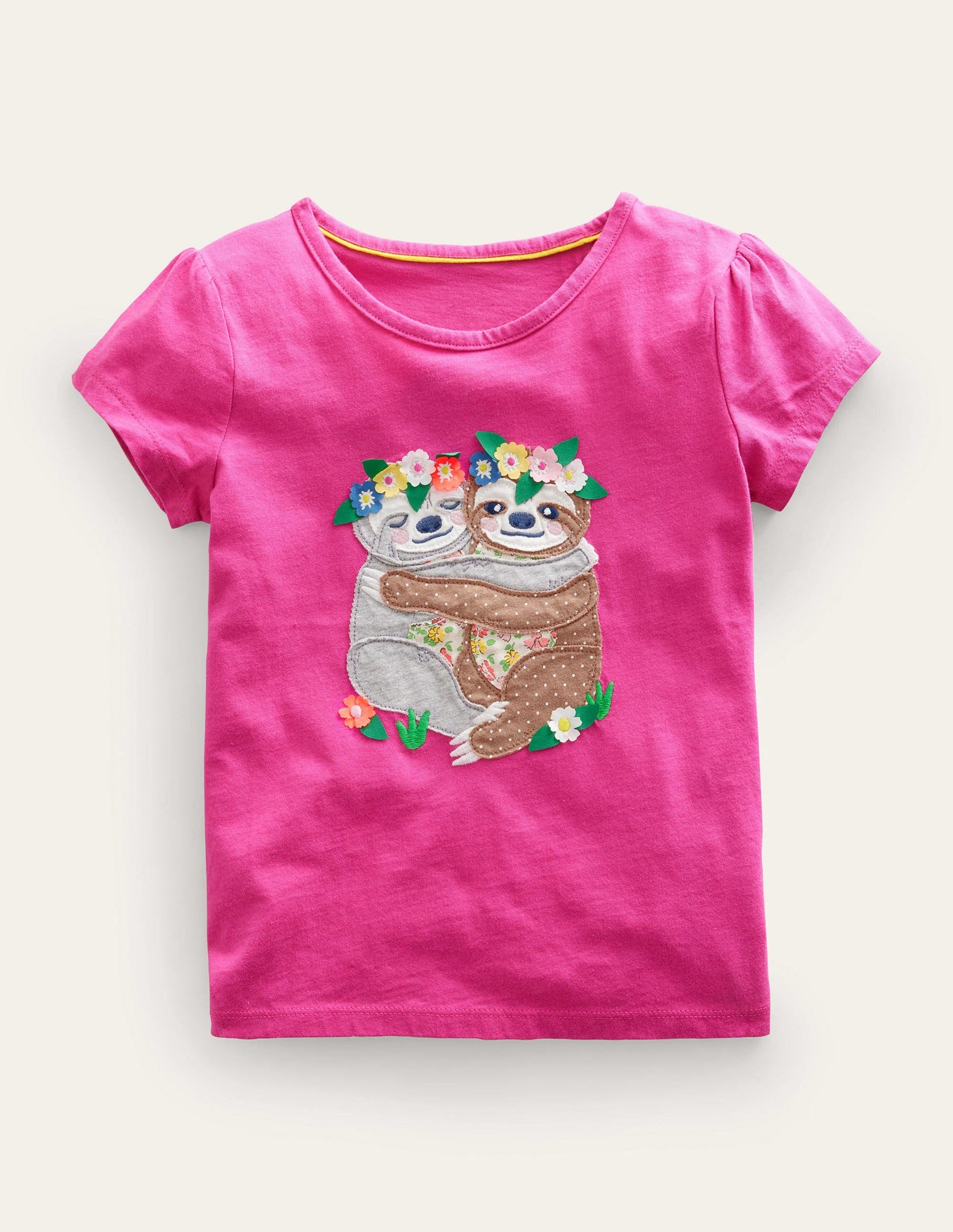 Puff Sleeve Appliqué T-shirt-Tickled Pink Sloths-1