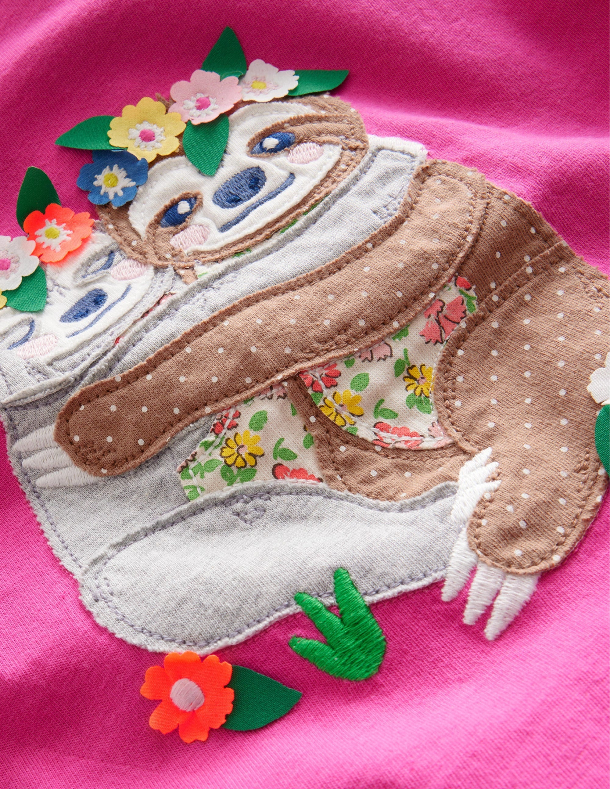 Puff Sleeve Appliqué T-shirt-Tickled Pink Sloths - Image 3