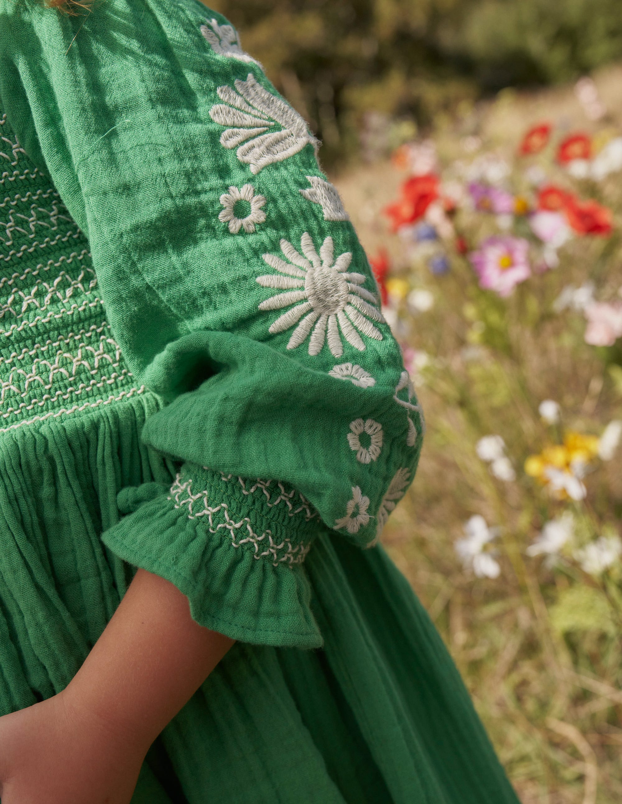 Smocked Bodice Woven Dress-School Green Daisies - Image 5