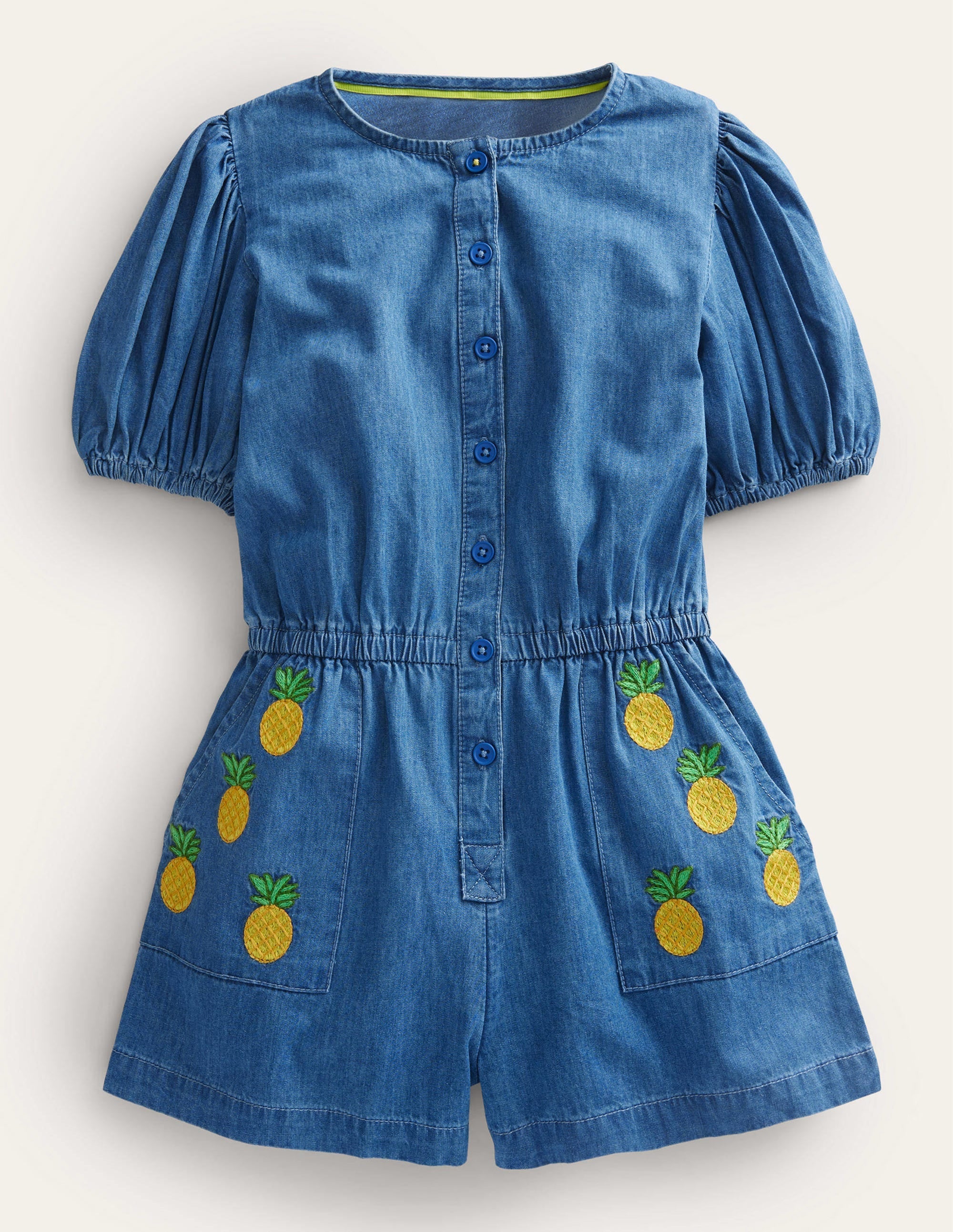 Denim Embroidered Playsuit-Mid Vintage Denim - Image 1