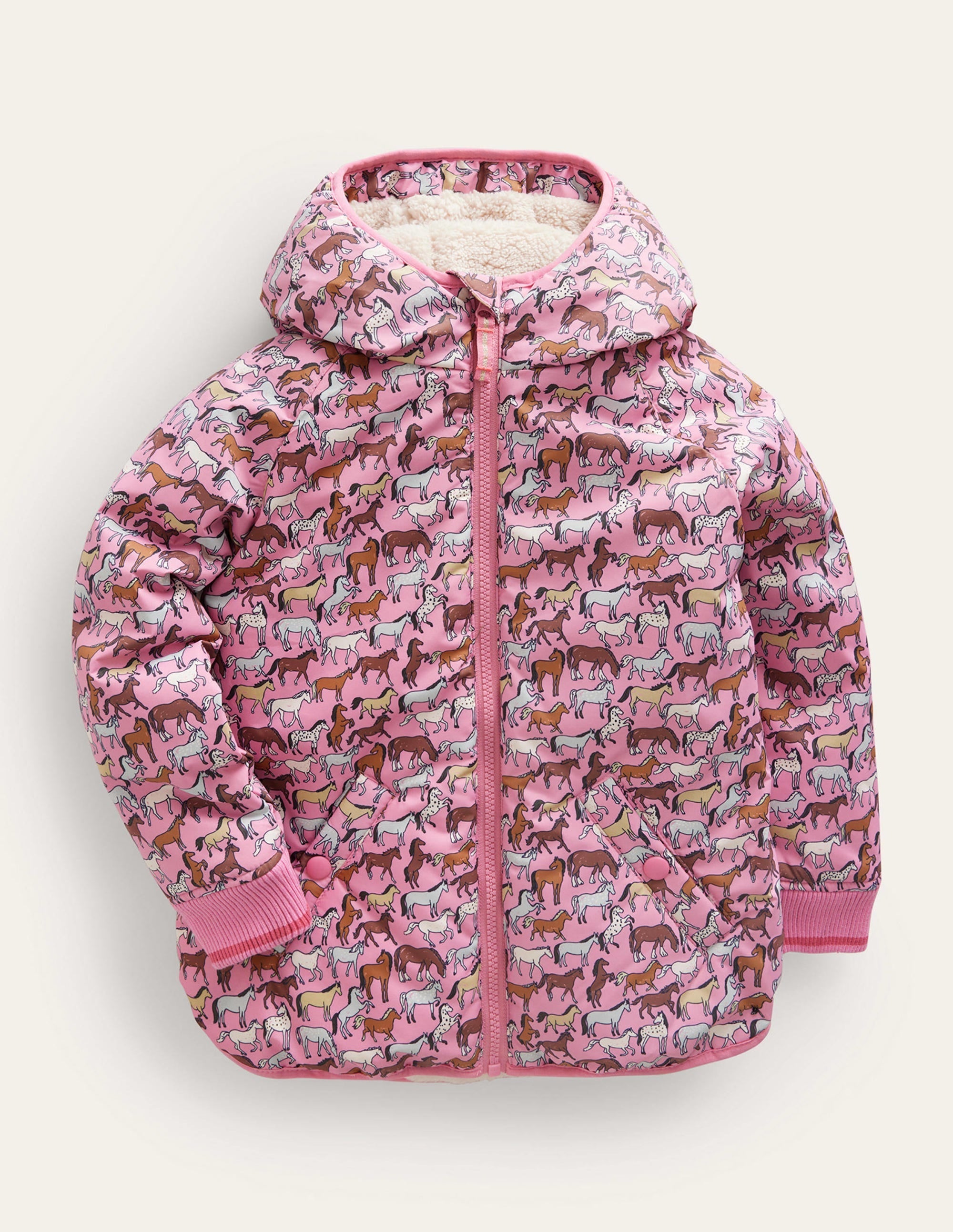 Printed Sherpa Lined Anorak-Pink horses - Image 1