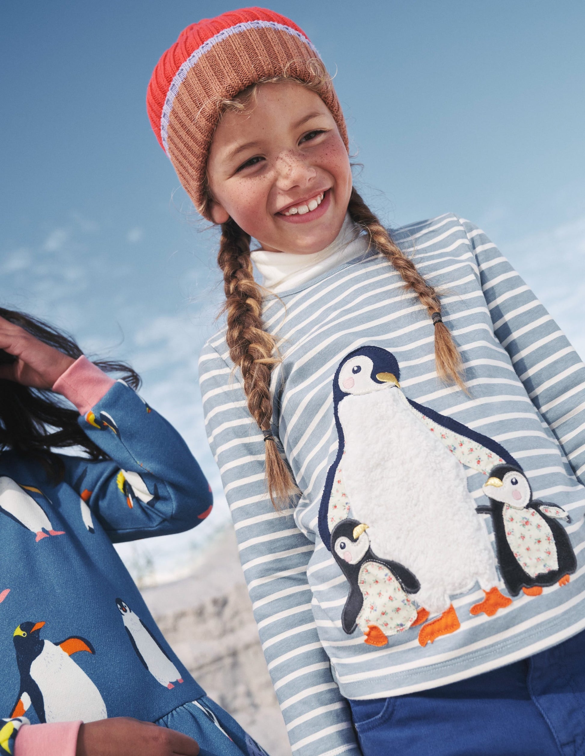 Puff Sleeve Appliqué T-shirt-Pebble Blue/Ivory Penguin-4