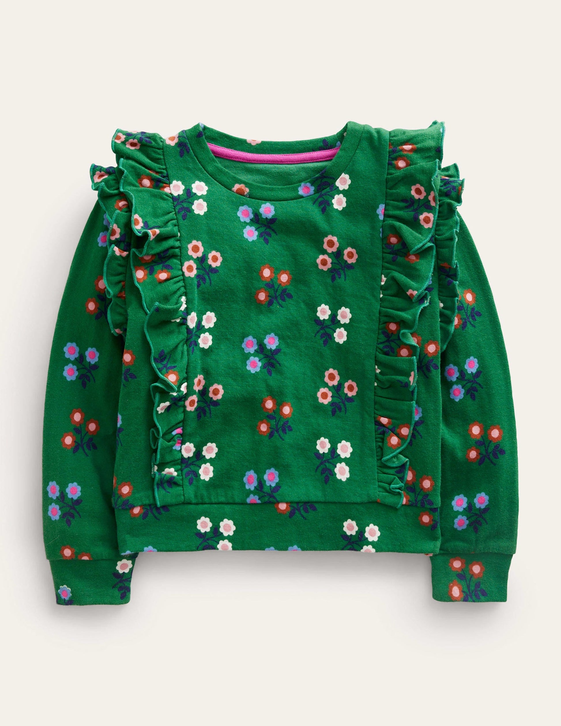 Frill Printed Sweatshirt-Green Flower-1