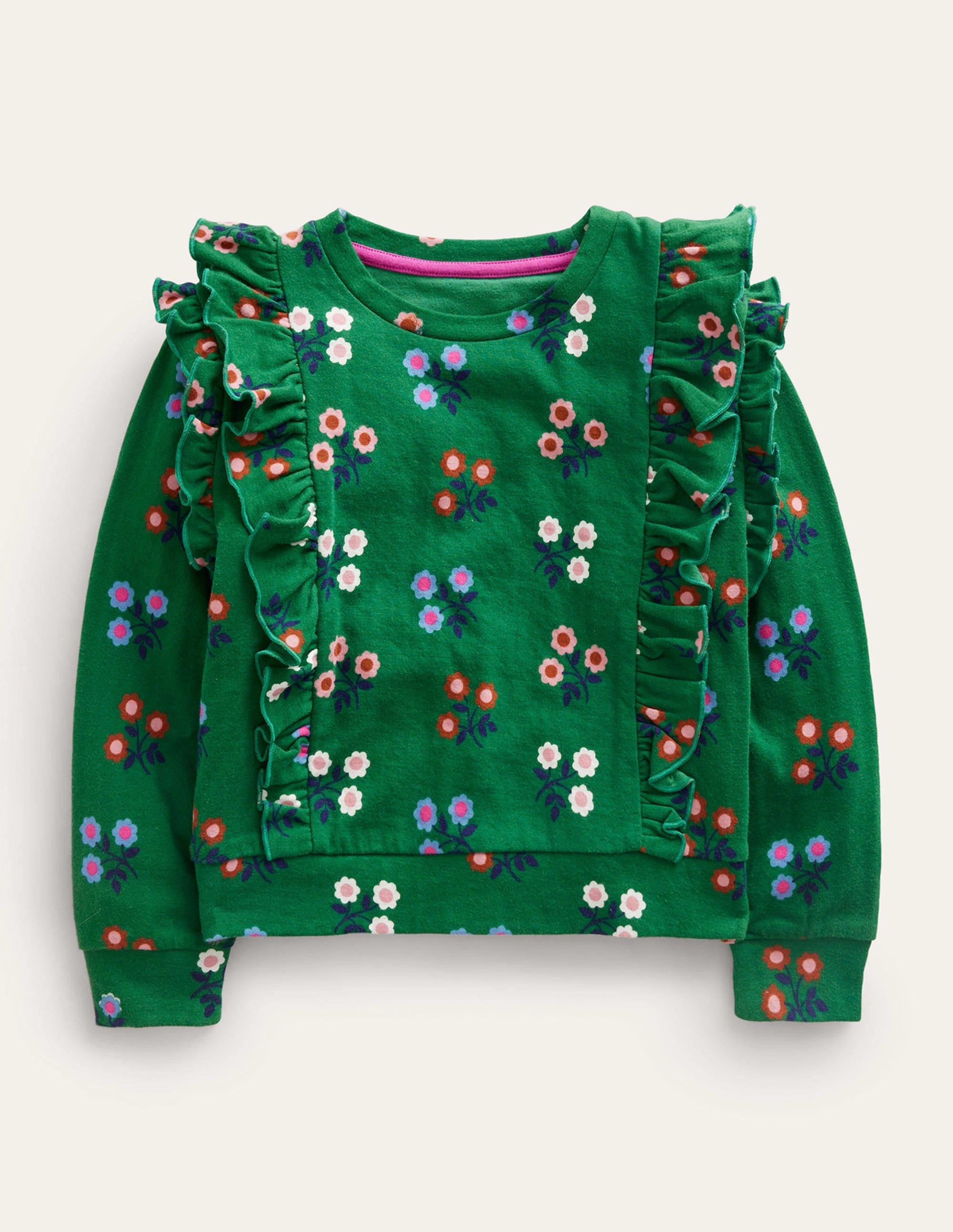 Frill Printed Sweatshirt-Green Flower - Image 1