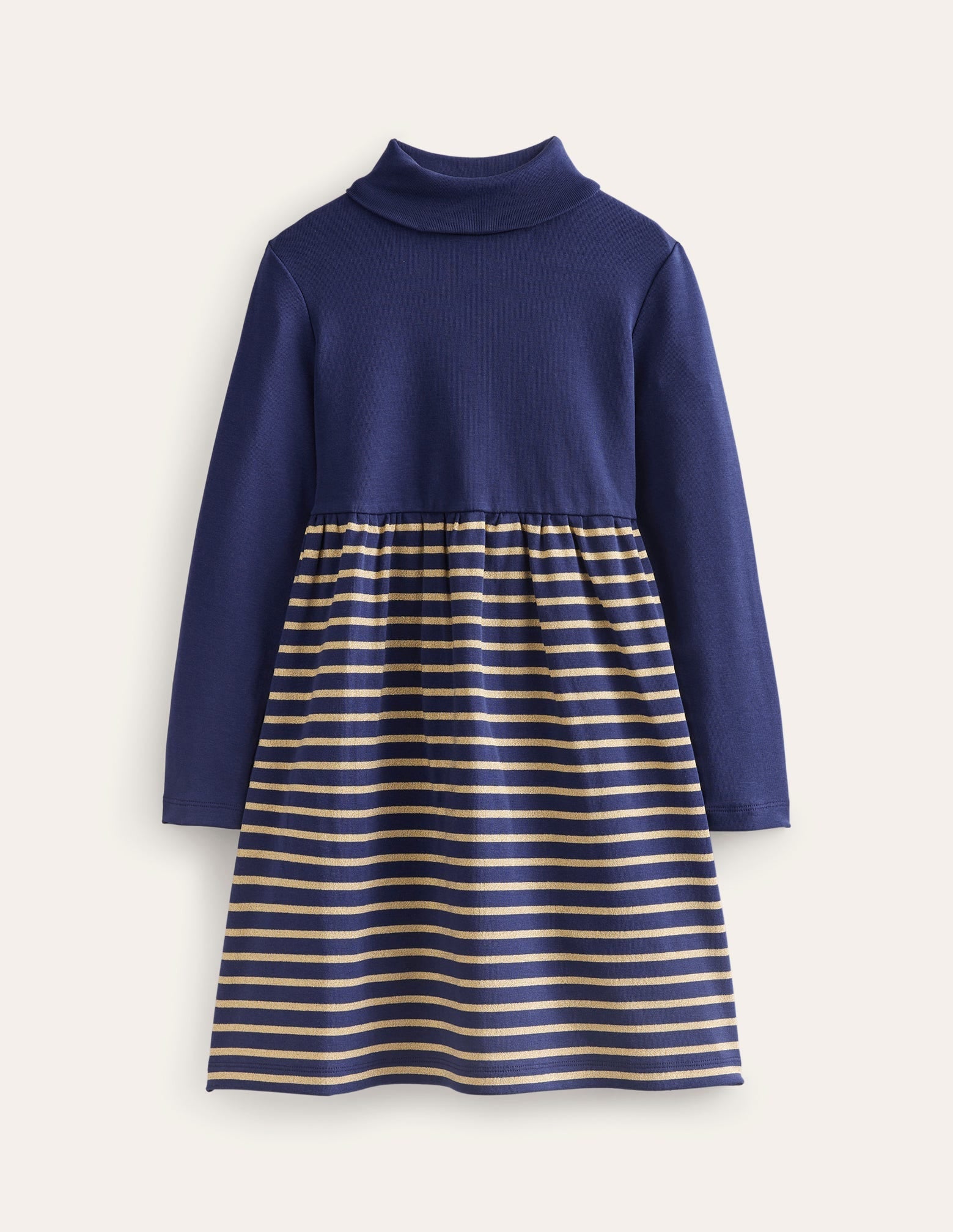 Roll Neck Jersey Dress-College Navy/Metallic Stripe - Image 1