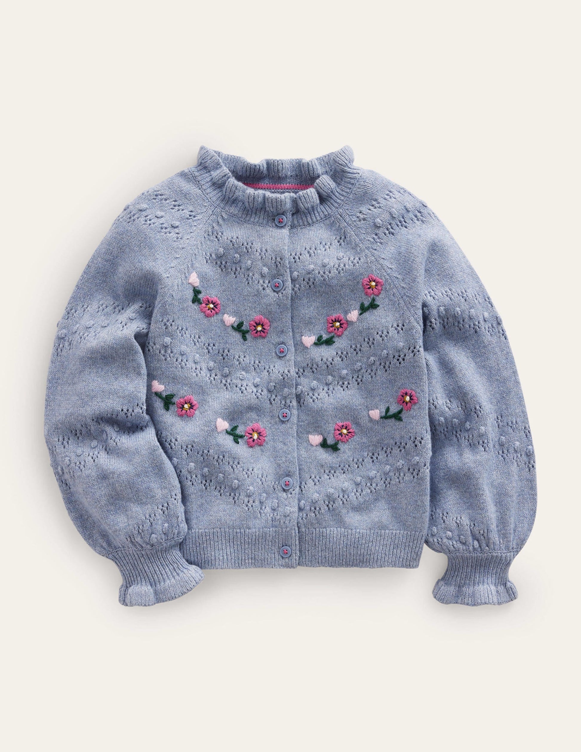 Embroidered Frill Cardigan-Pebble Blue-1